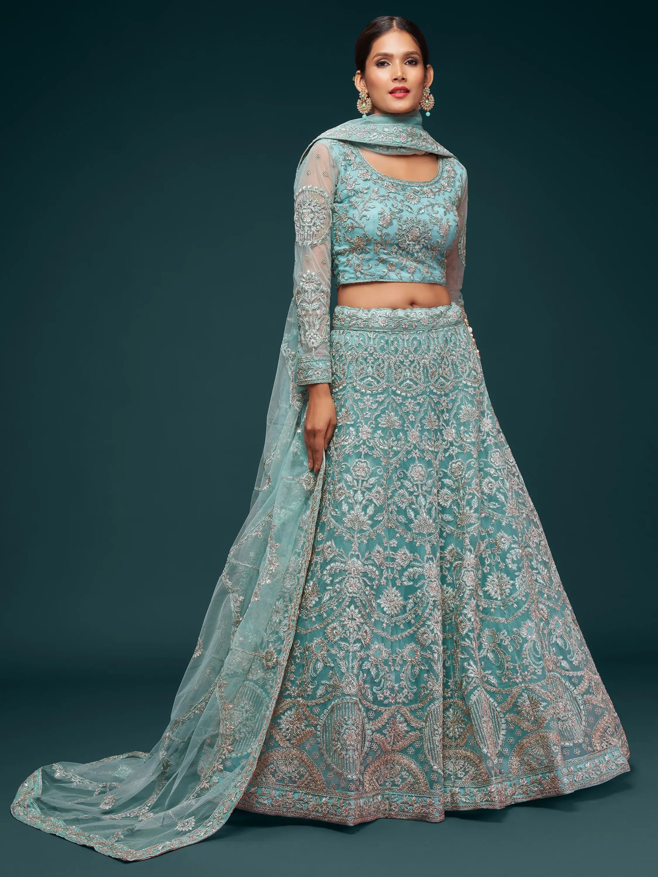 Attractive Aqua Blue Embroidered Soft Net Occasion Wear Lehenga Choli