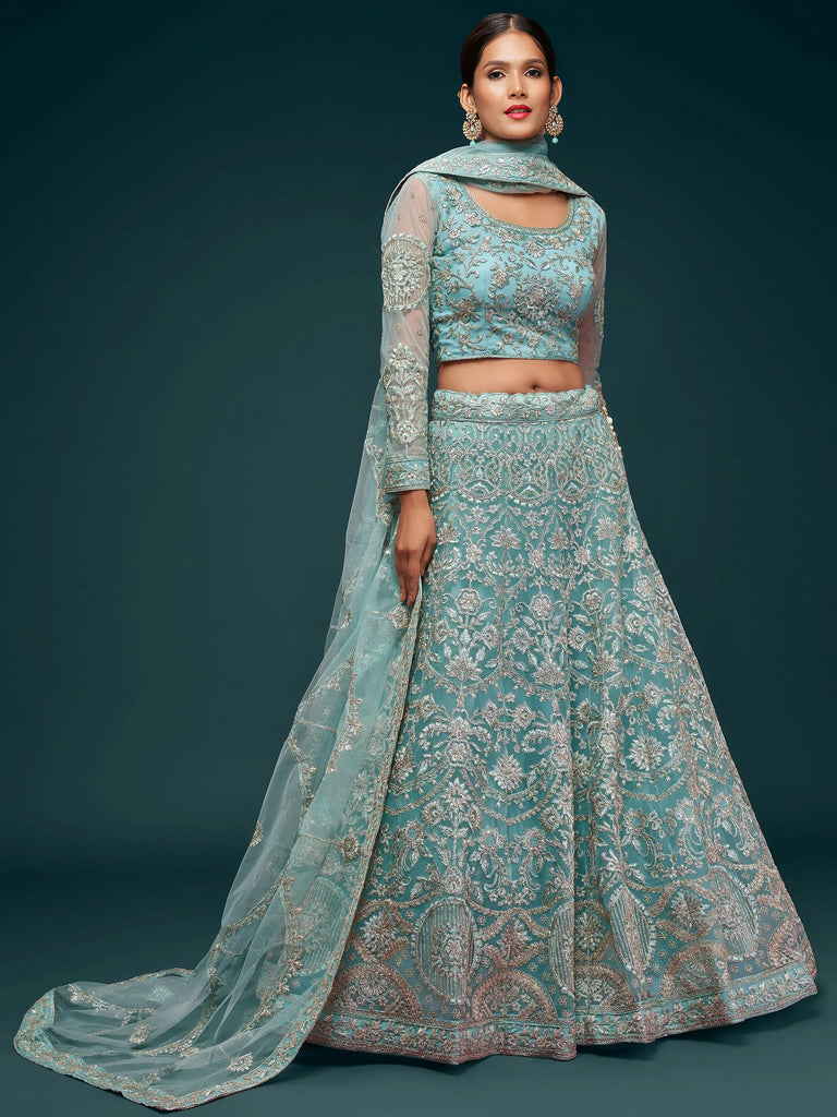Attractive Aqua Blue Embroidered Soft Net Occasion Wear Lehenga Choli
