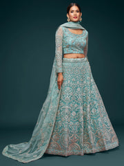 Attractive Aqua Blue Embroidered Soft Net Occasion Wear Lehenga Choli