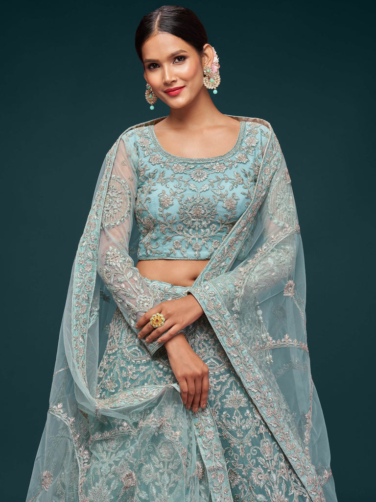 Attractive Aqua Blue Embroidered Soft Net Occasion Wear Lehenga Choli