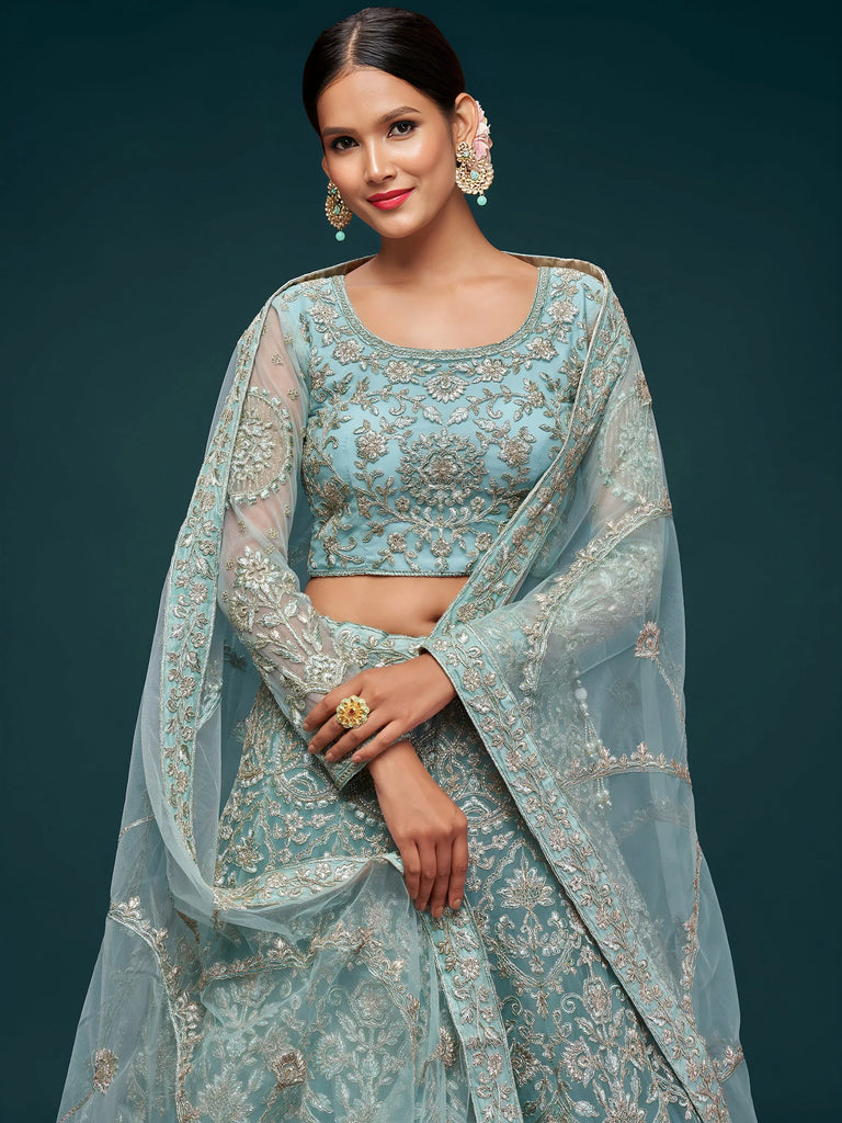 Attractive Aqua Blue Embroidered Soft Net Occasion Wear Lehenga Choli