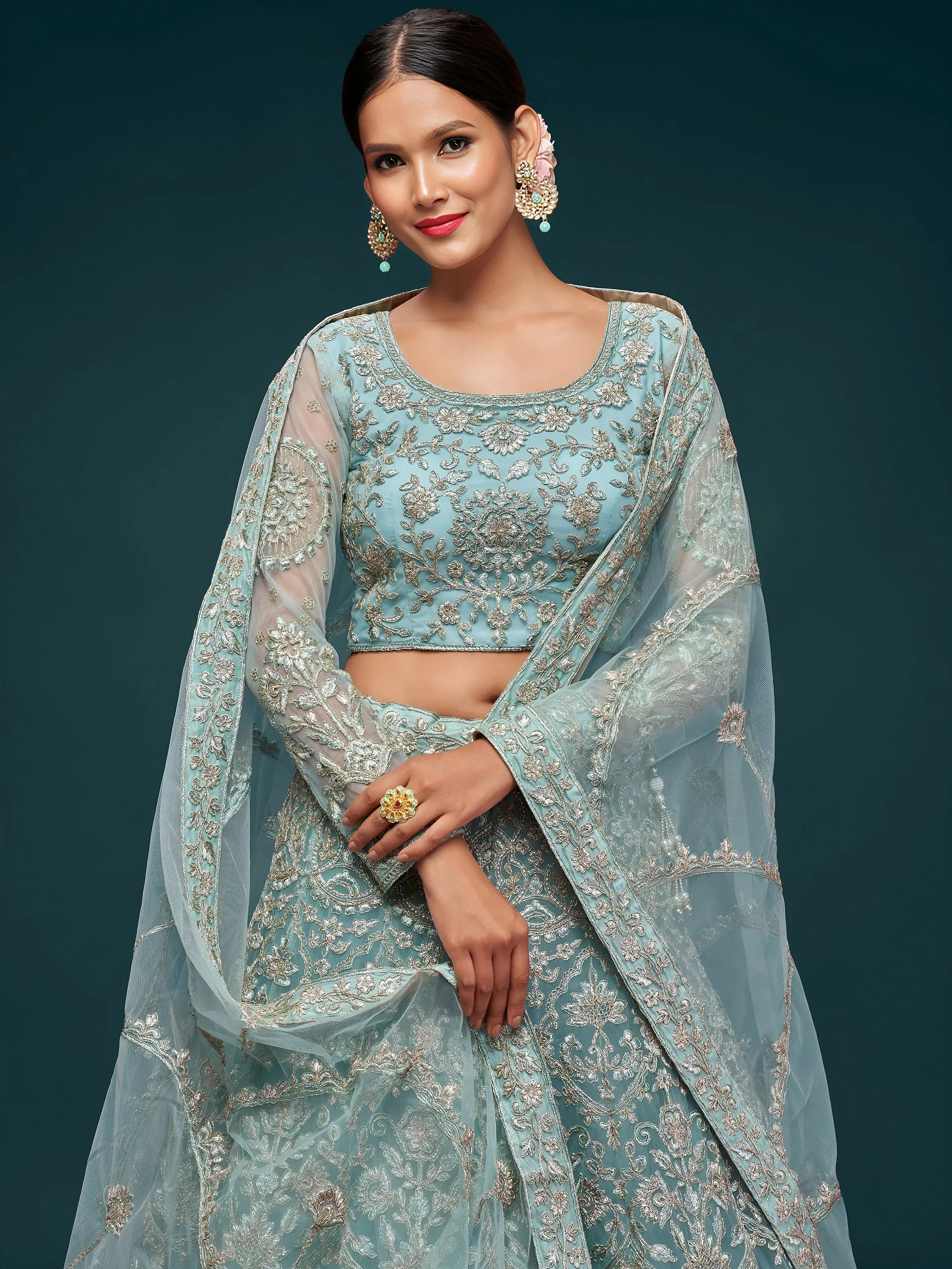 Attractive Aqua Blue Embroidered Soft Net Occasion Wear Lehenga Choli