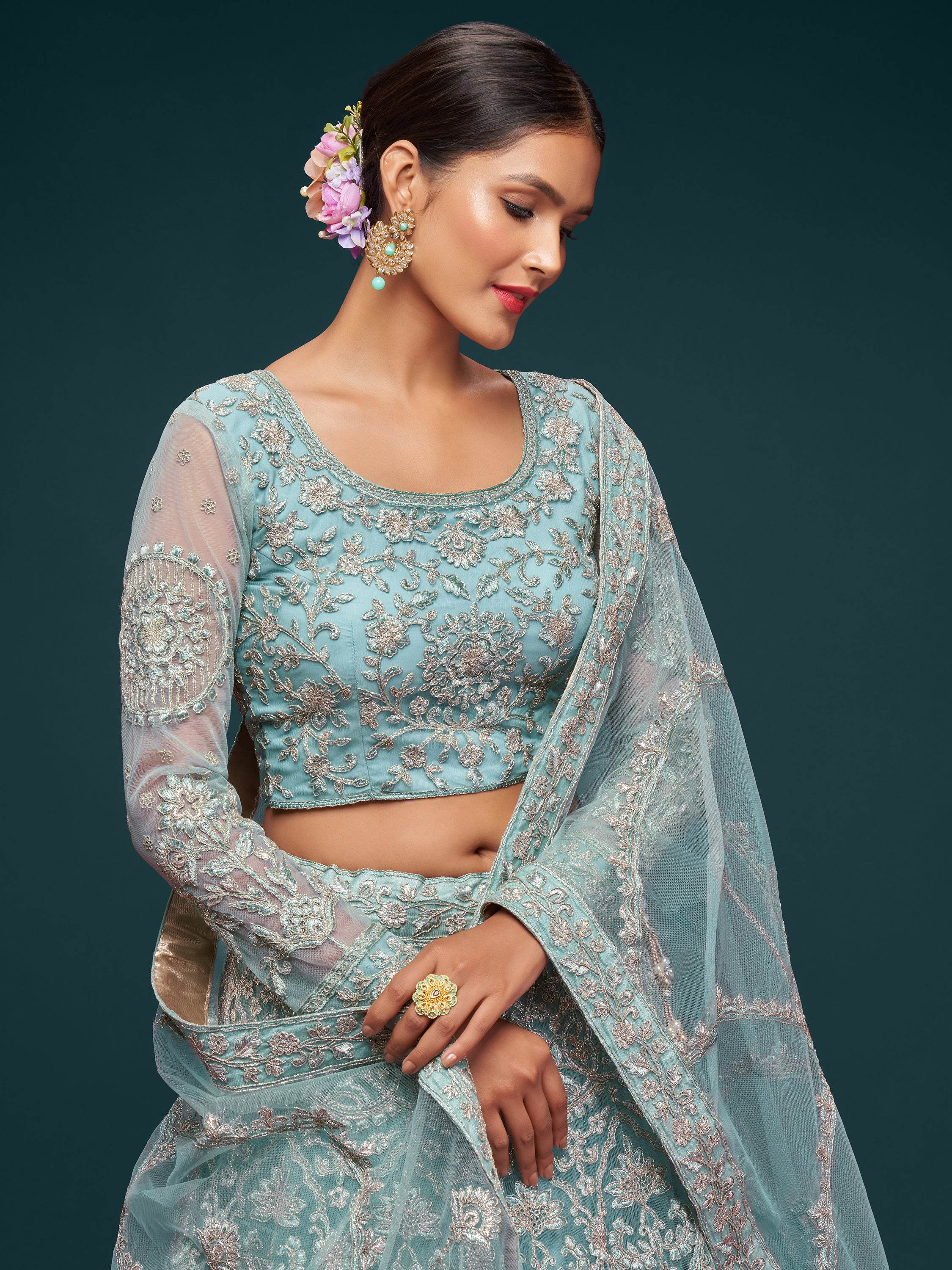 Attractive Aqua Blue Embroidered Soft Net Occasion Wear Lehenga Choli