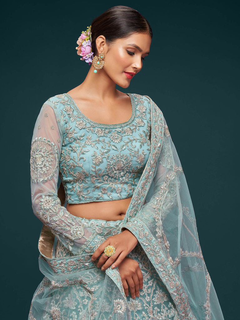 Attractive Aqua Blue Embroidered Soft Net Occasion Wear Lehenga Choli