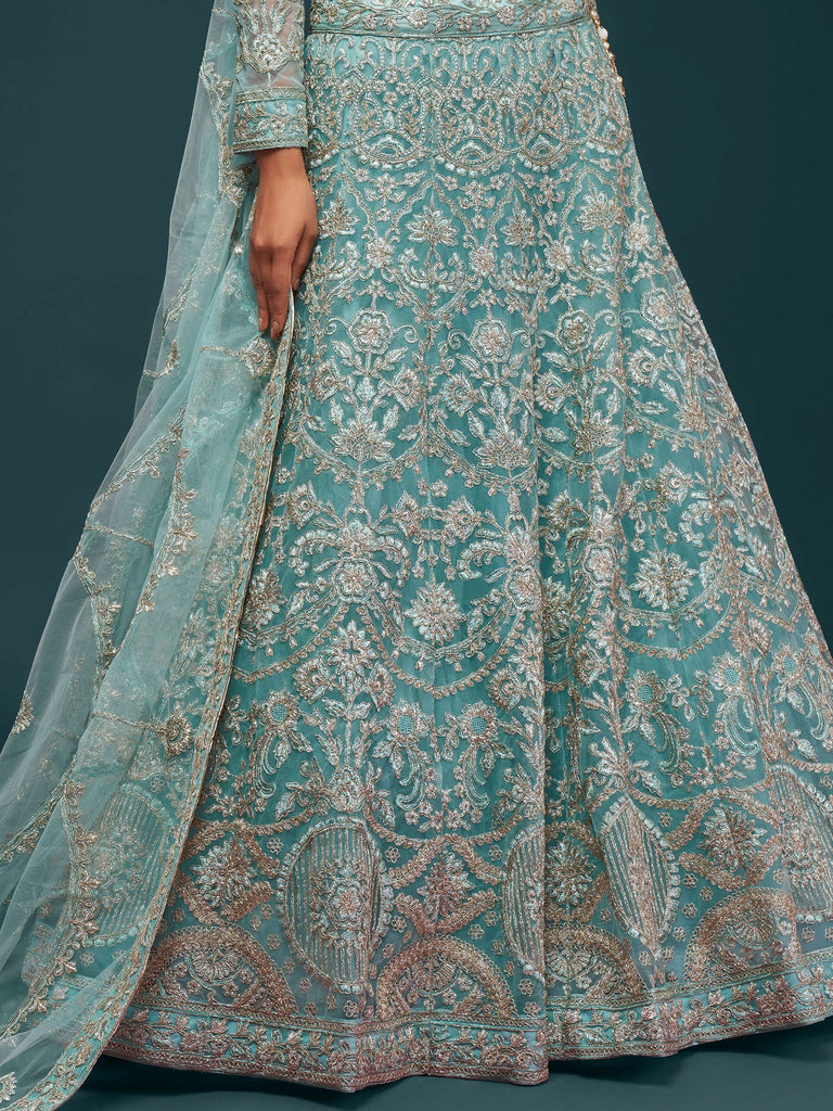 Graceful Sky Blue Embroidered Net Party Wear Plus Size Lehenga Choli