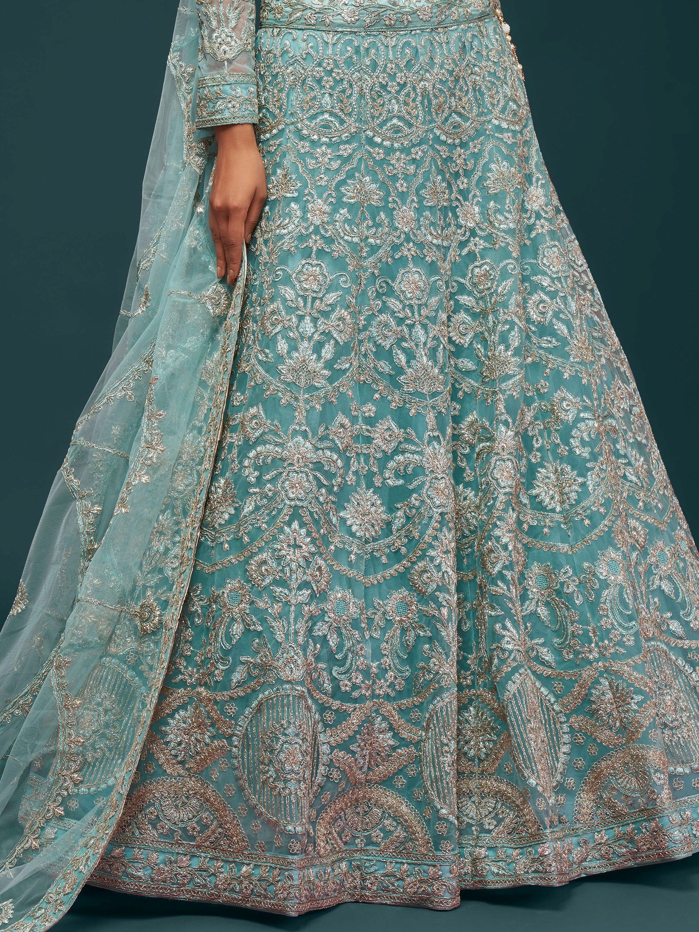 Graceful Sky Blue Embroidered Net Party Wear Plus Size Lehenga Choli