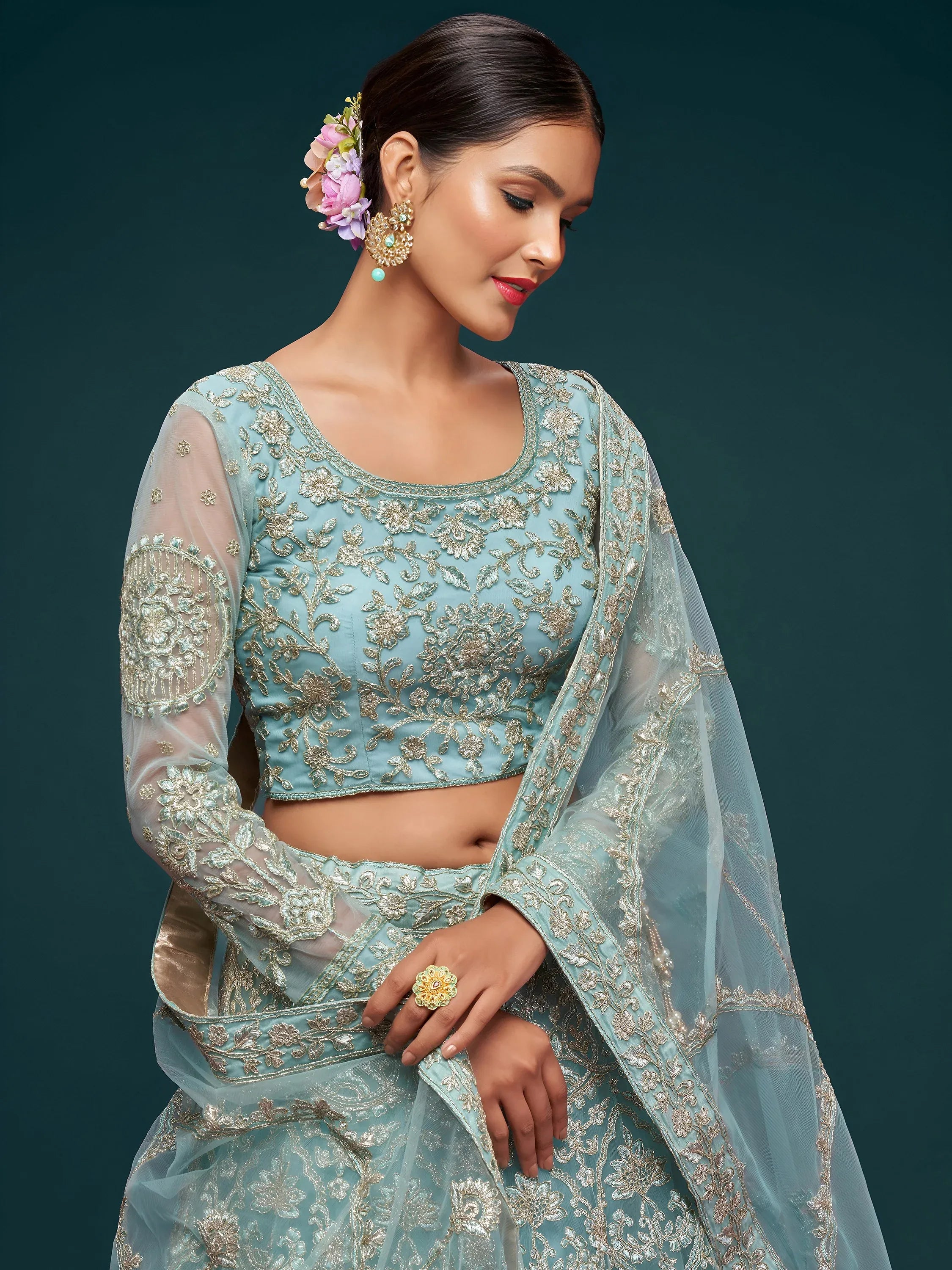 Attractive Aqua Blue Embroidered Soft Net Occasion Wear Lehenga Choli