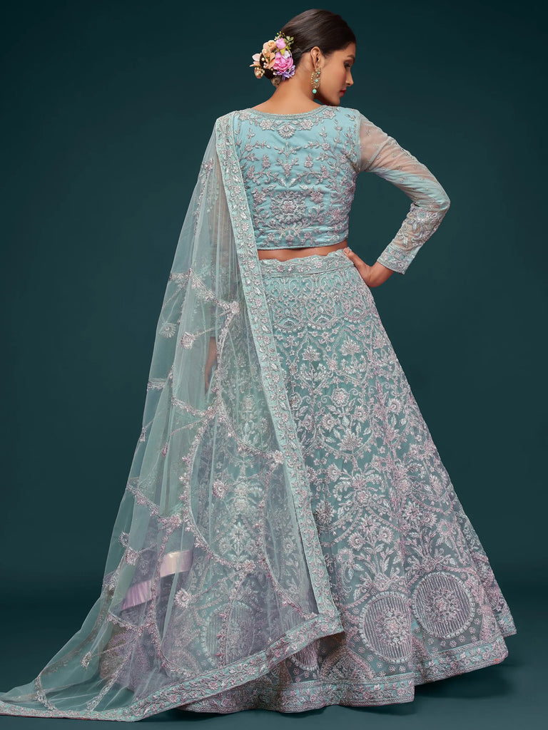 Attractive Aqua Blue Embroidered Soft Net Occasion Wear Lehenga Choli