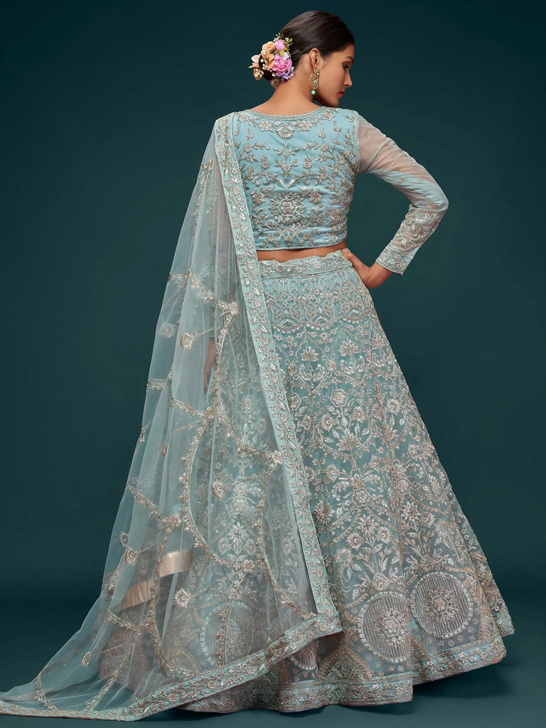Graceful Sky Blue Embroidered Net Party Wear Plus Size Lehenga Choli