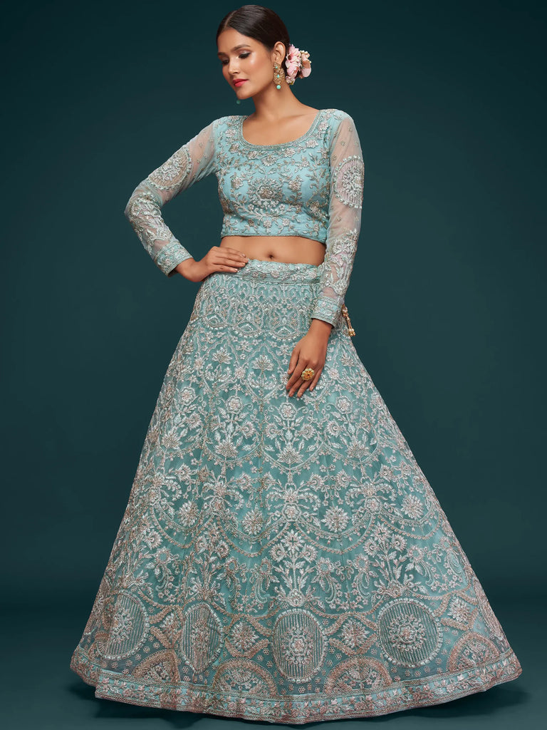Attractive Aqua Blue Embroidered Soft Net Occasion Wear Lehenga Choli