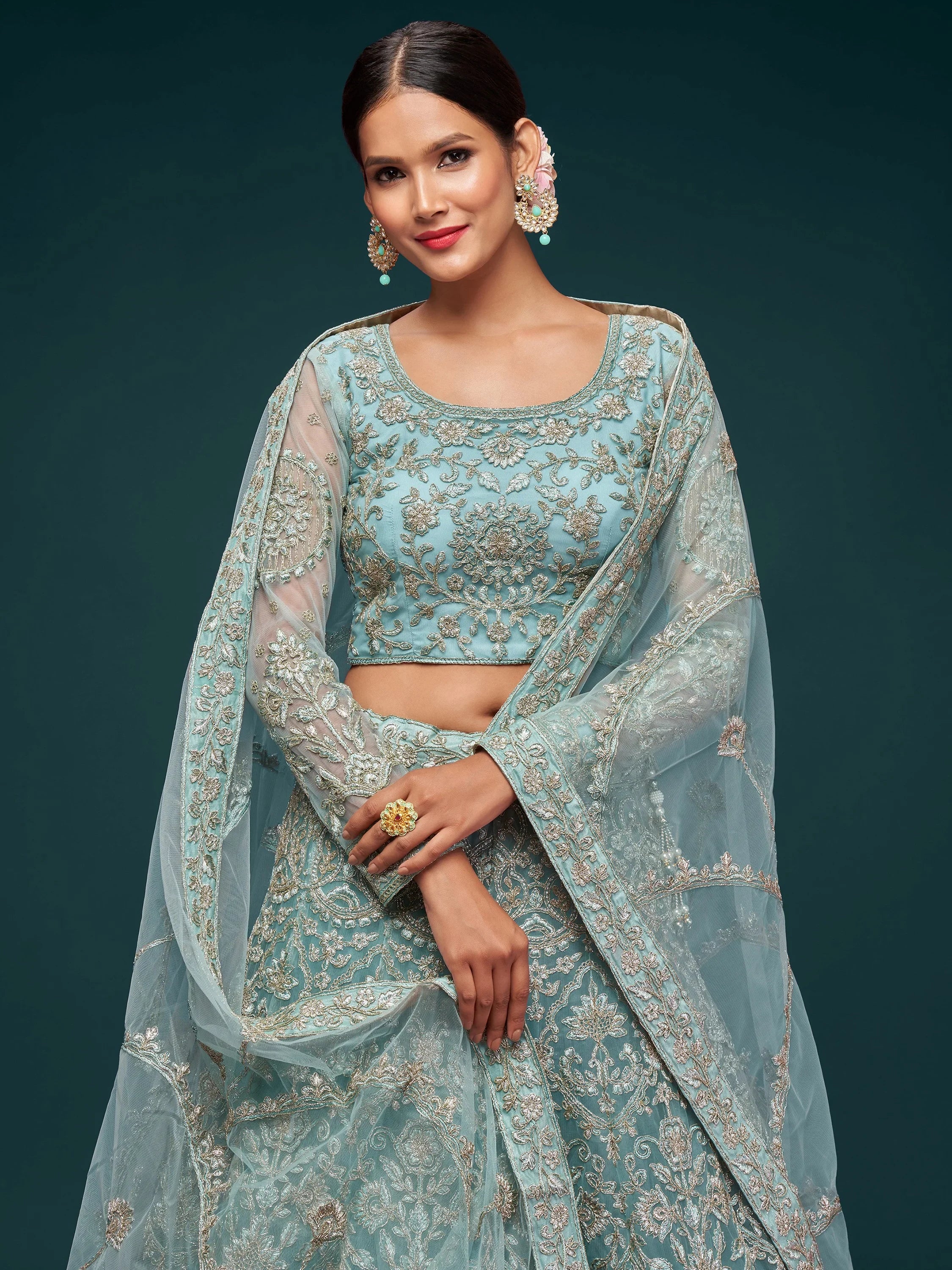 Graceful Sky Blue Embroidered Net Party Wear Plus Size Lehenga Choli