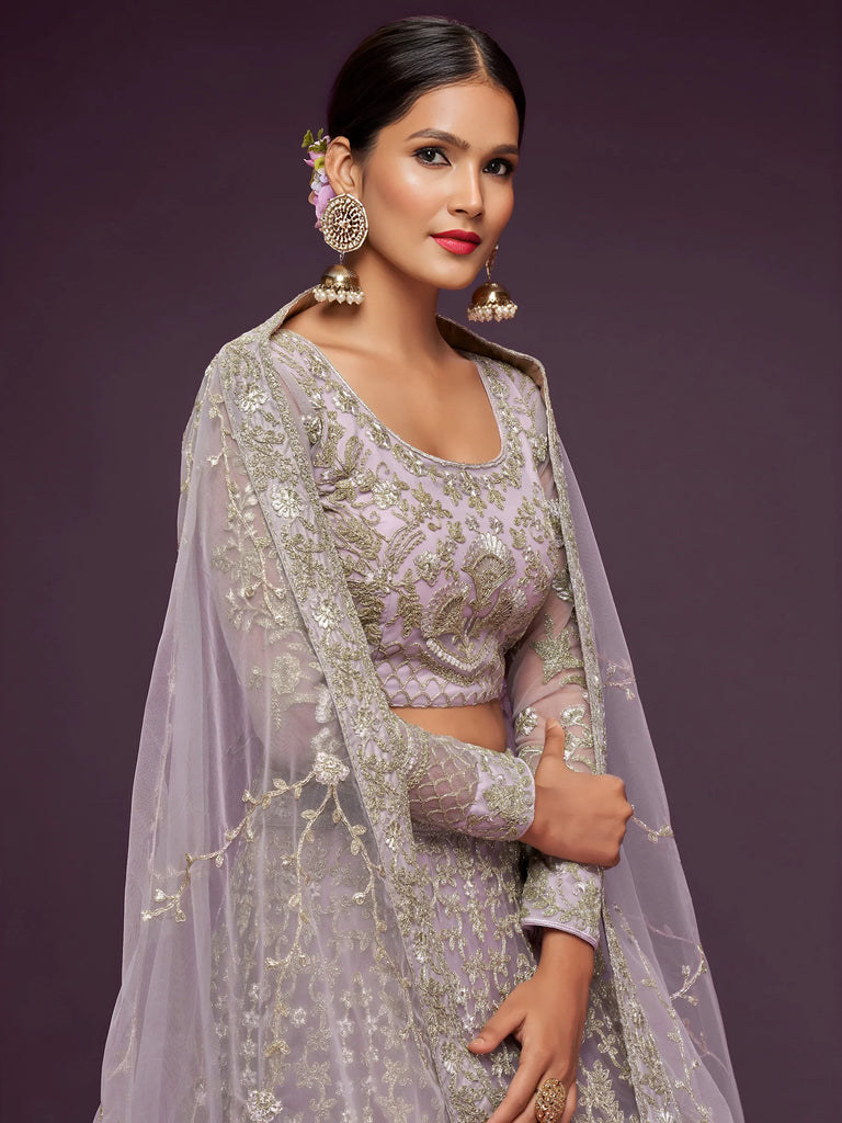 Glowing Lilac Embroidered Net Reception Wear Plus Size Lehenga Choli