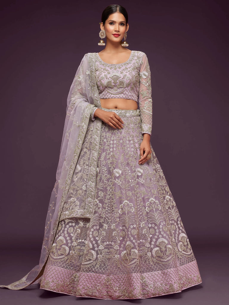 Glowing Lilac Embroidered Net Reception Wear Plus Size Lehenga Choli