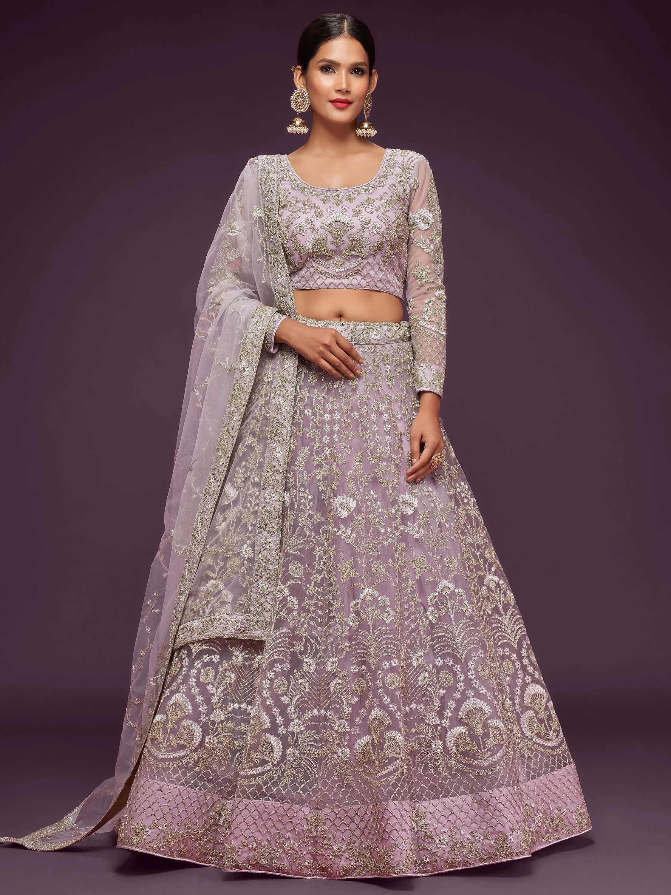 Glowing Lilac Embroidered Net Reception Wear Plus Size Lehenga Choli