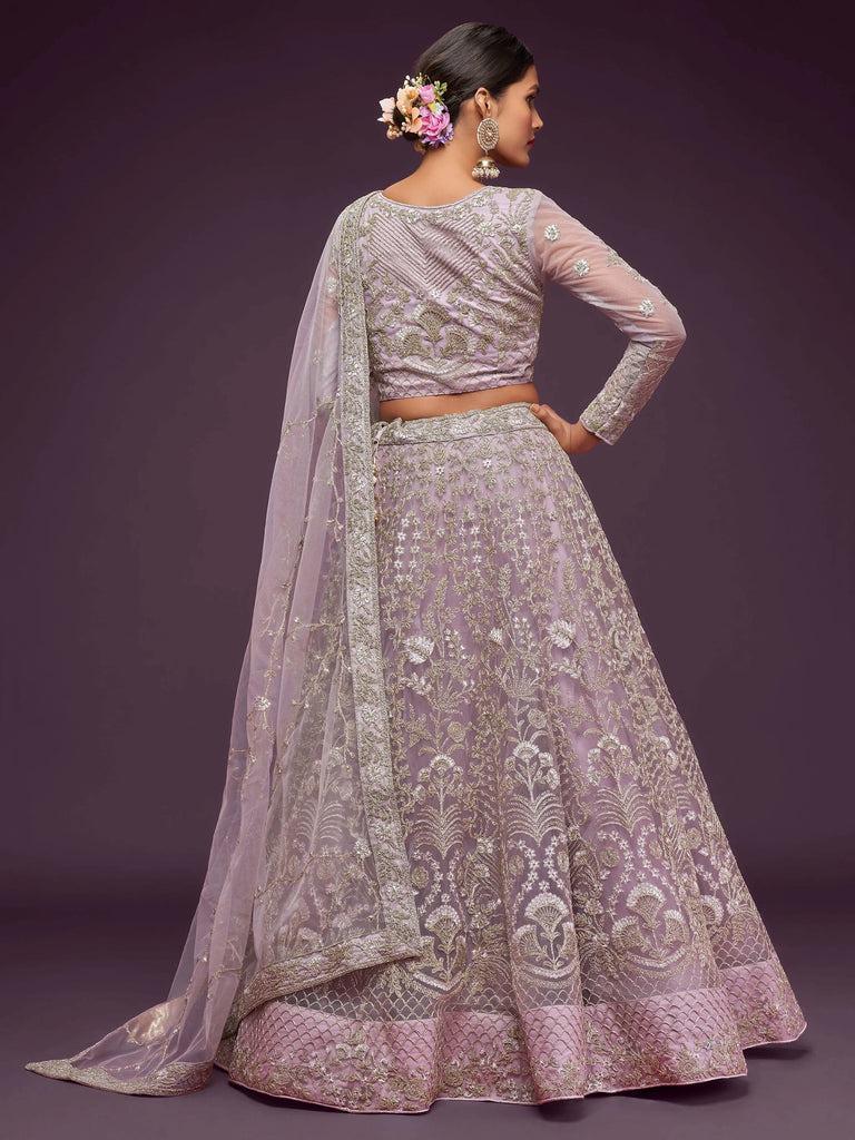 Glowing Lilac Embroidered Net Reception Wear Plus Size Lehenga Choli