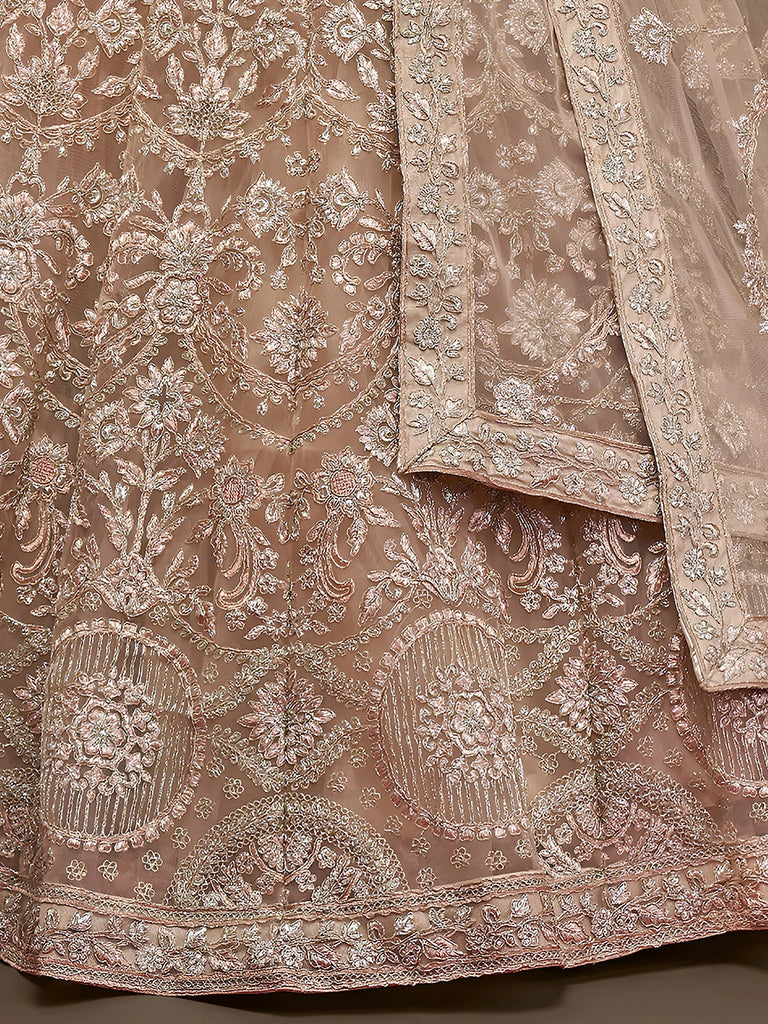 Ravishing Beige Embroidered Soft Net Ceremony Wear Lehenga Choli