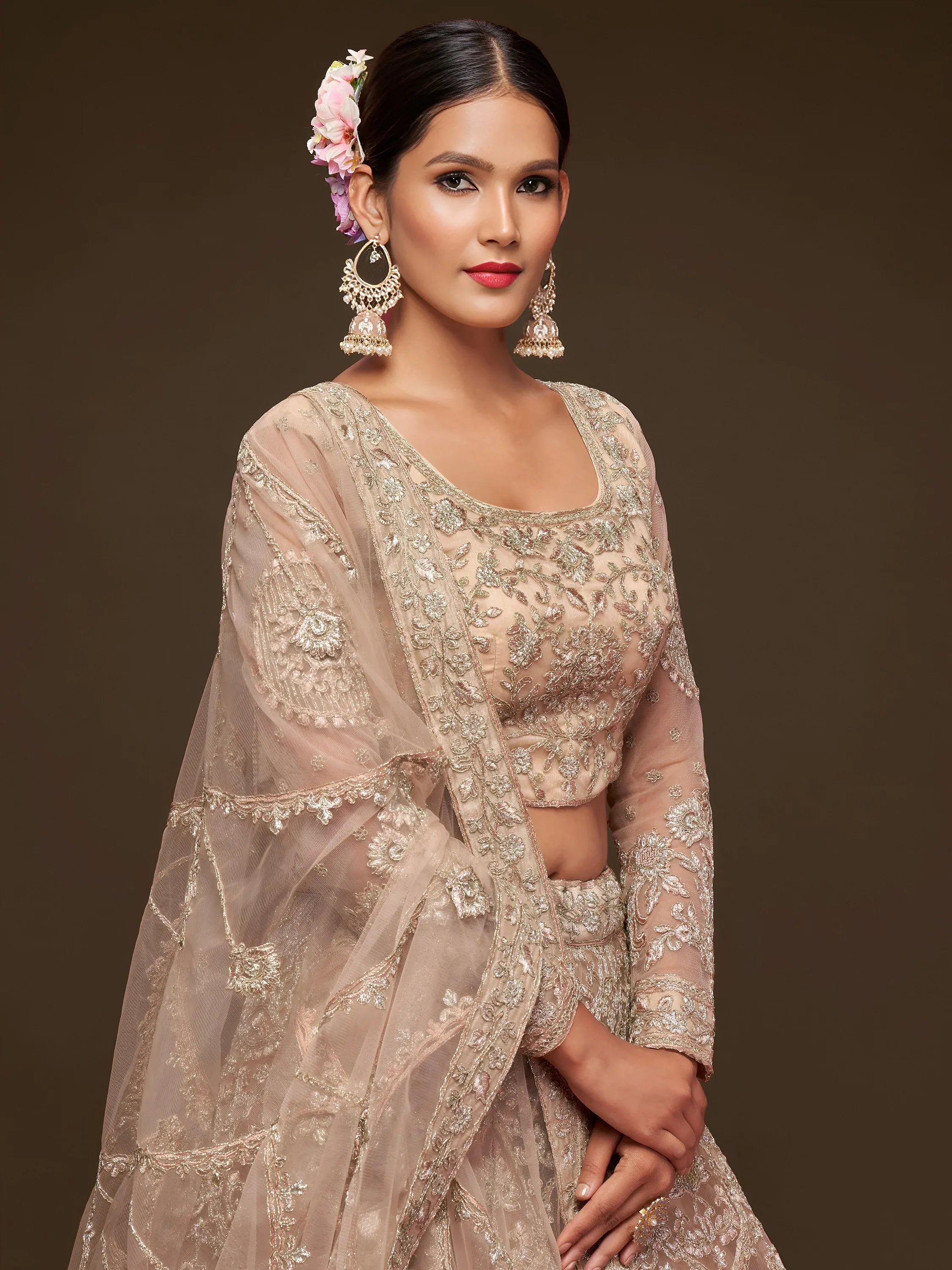 Sparkling Beige Embroidered Net Engagament Wear Plus Size Lehenga Choli