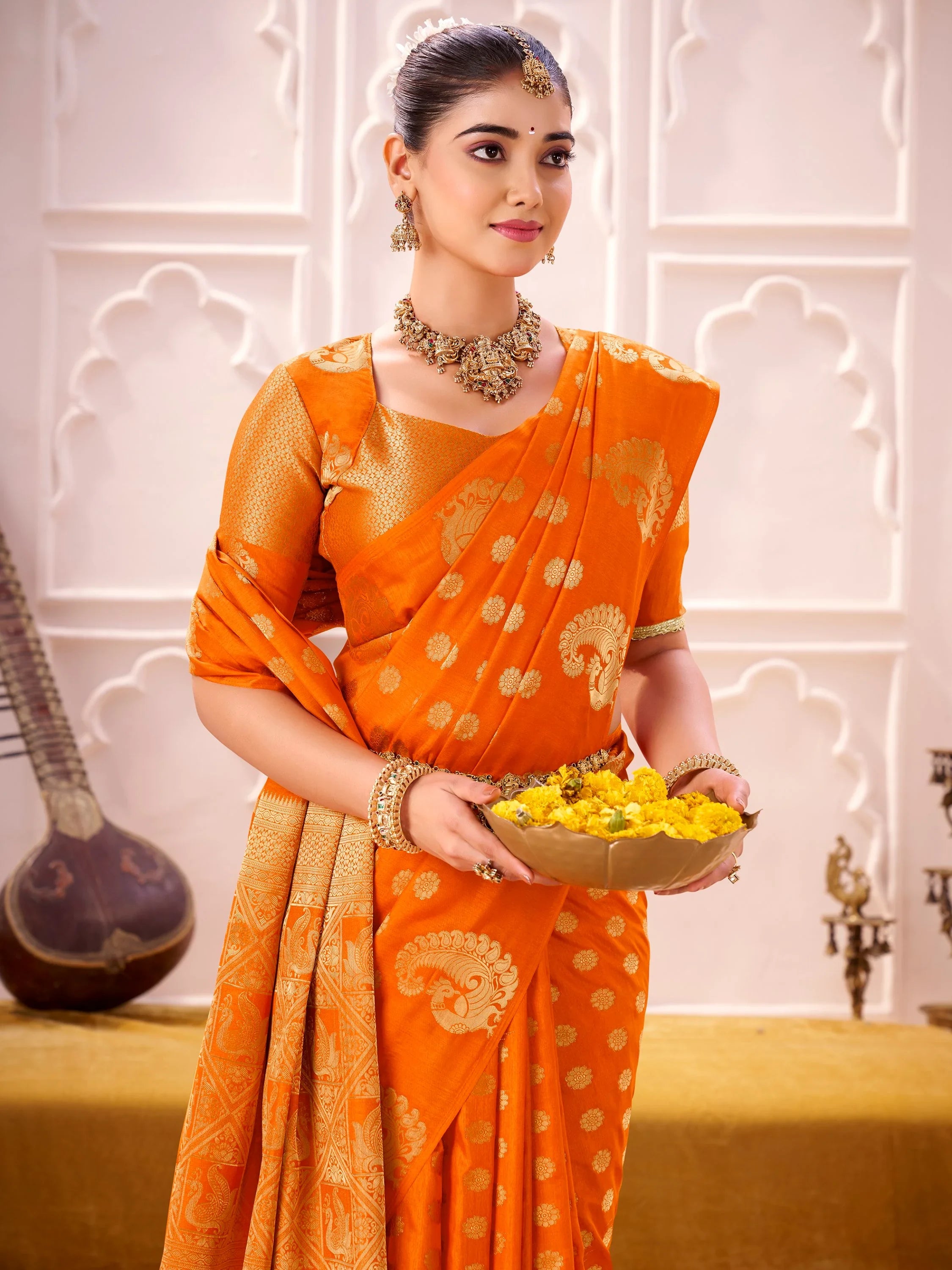 Regal Orange Zari Work Silk Festive Wear Saree With Blouse