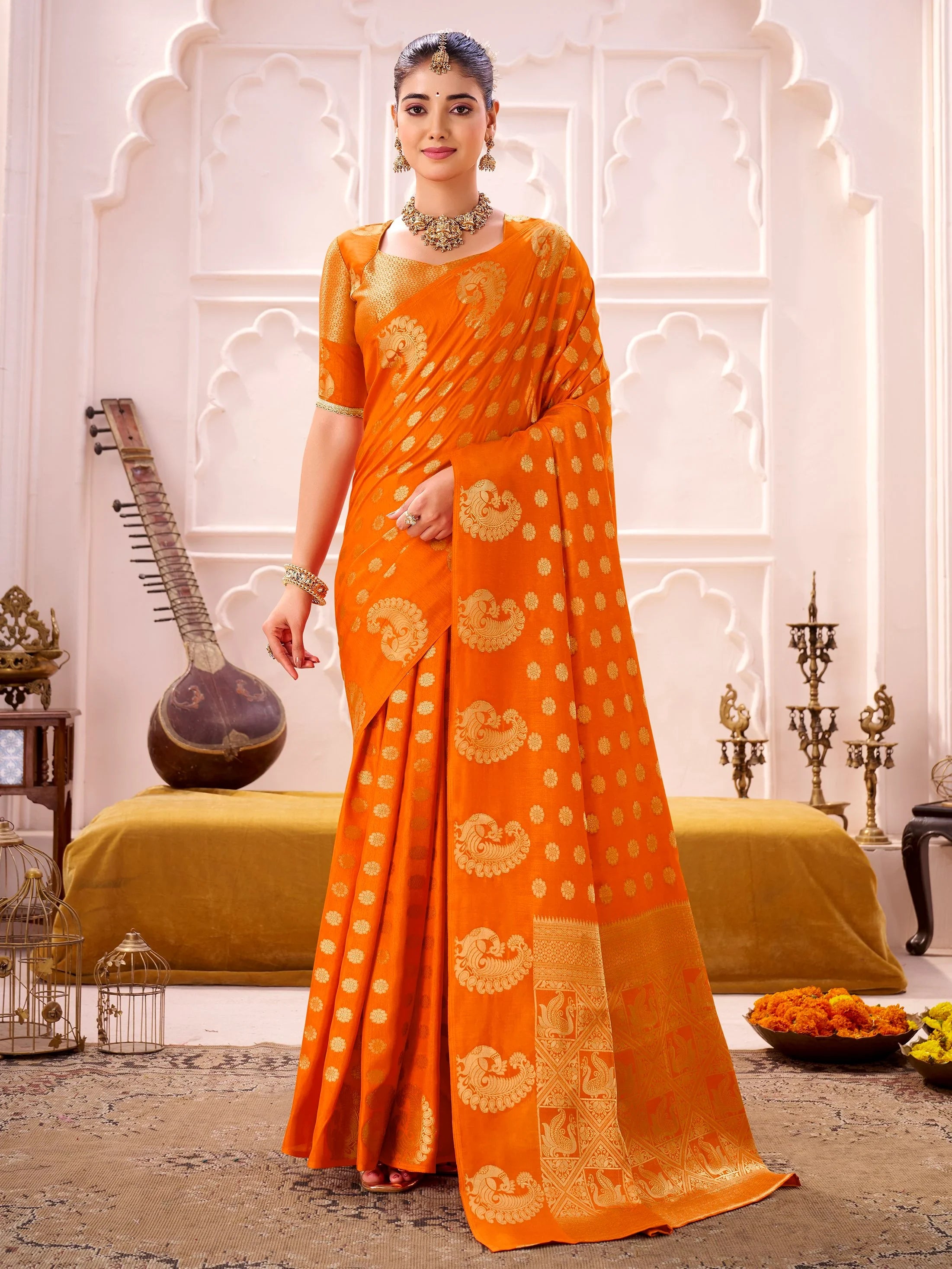 Regal Orange Zari Work Silk Festive Wear Saree With Blouse