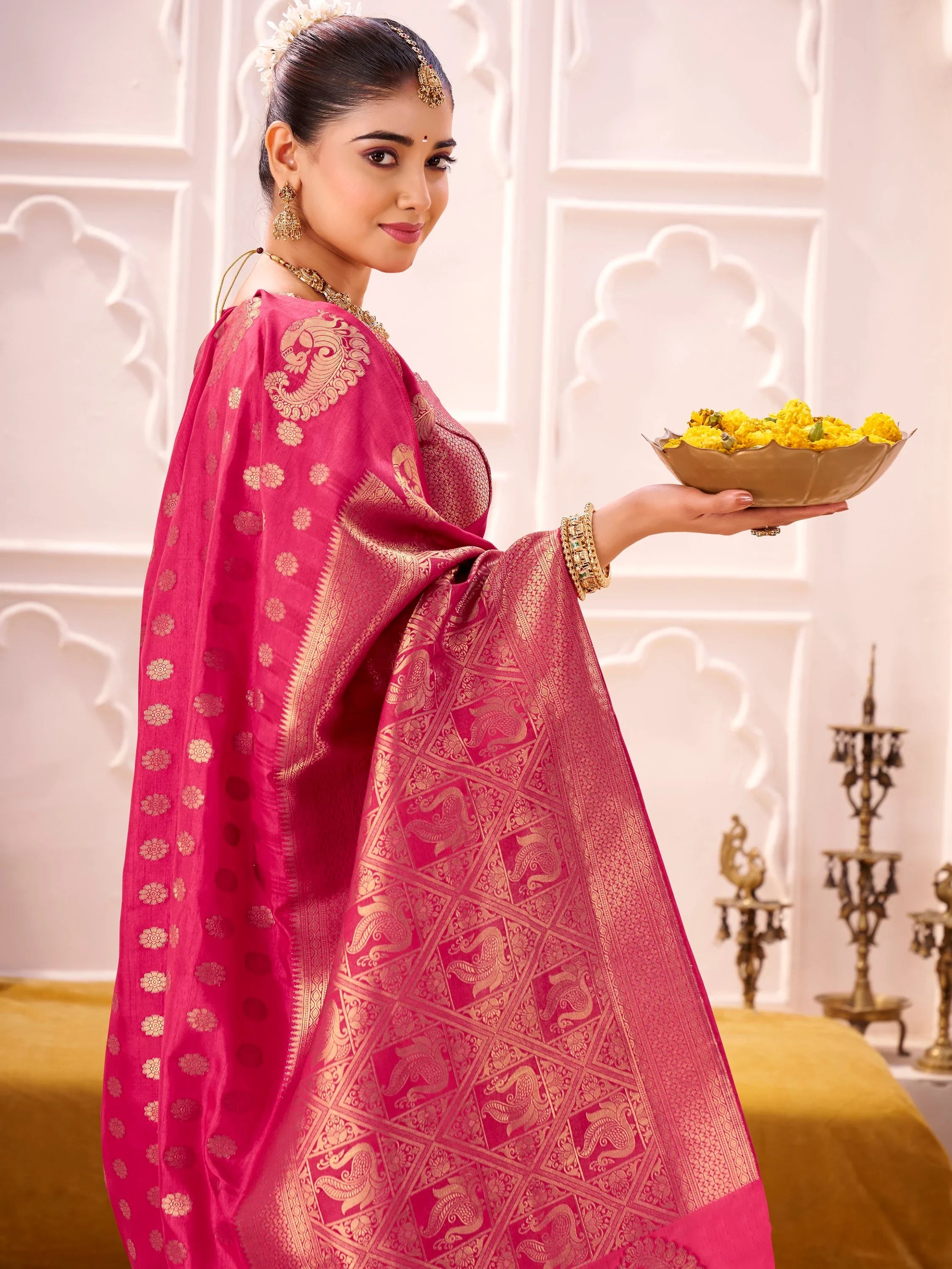 Impressive Pink Zari Weaving Silk Engagement Wear Saree With Blouse