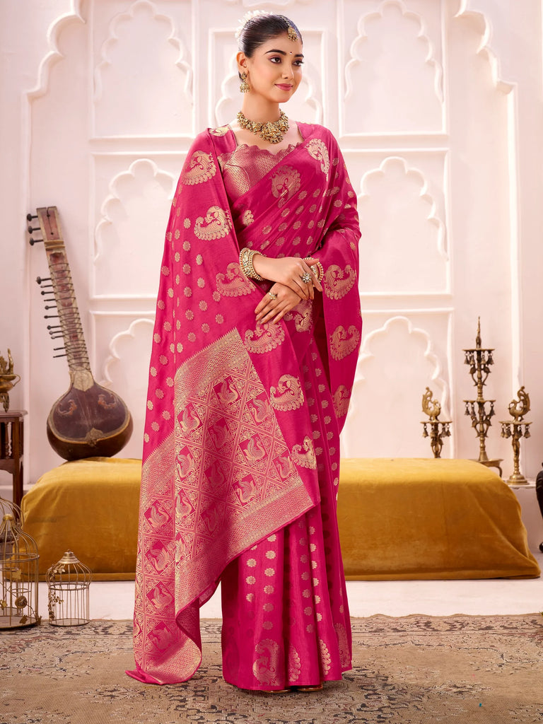 Impressive Pink Zari Weaving Silk Engagement Wear Saree With Blouse