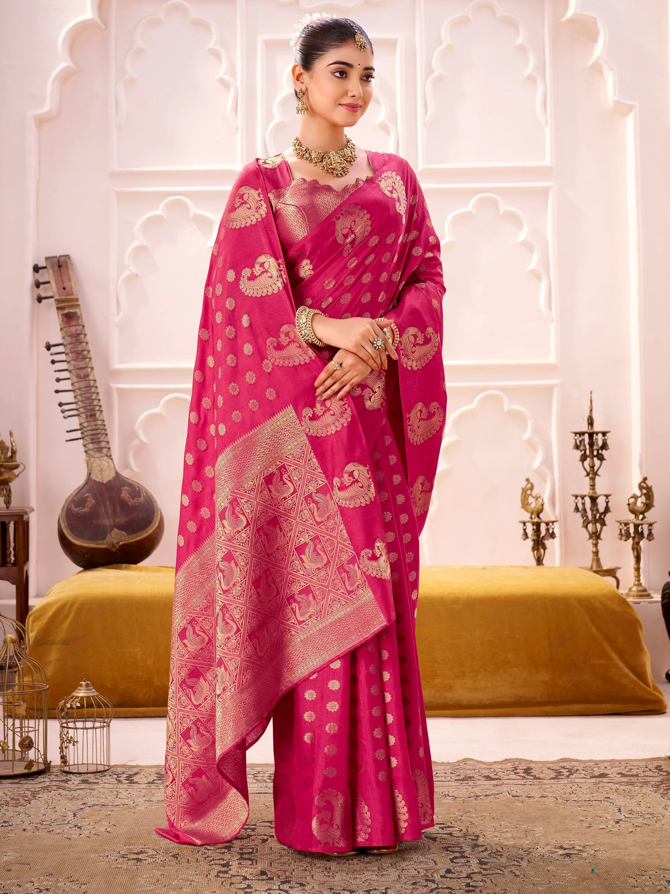 Impressive Pink Zari Weaving Silk Engagement Wear Saree With Blouse