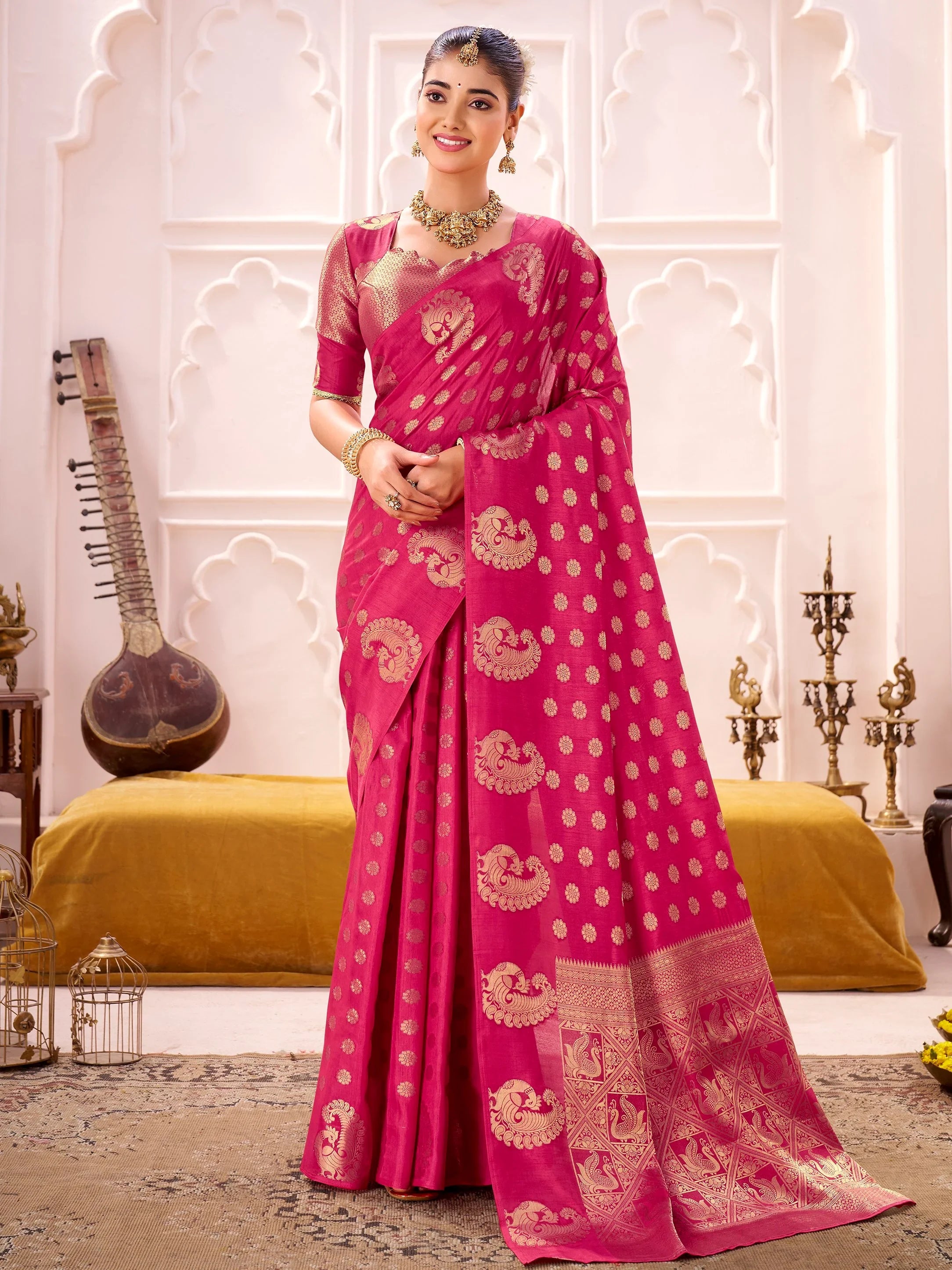 Impressive Pink Zari Weaving Silk Engagement Wear Saree With Blouse