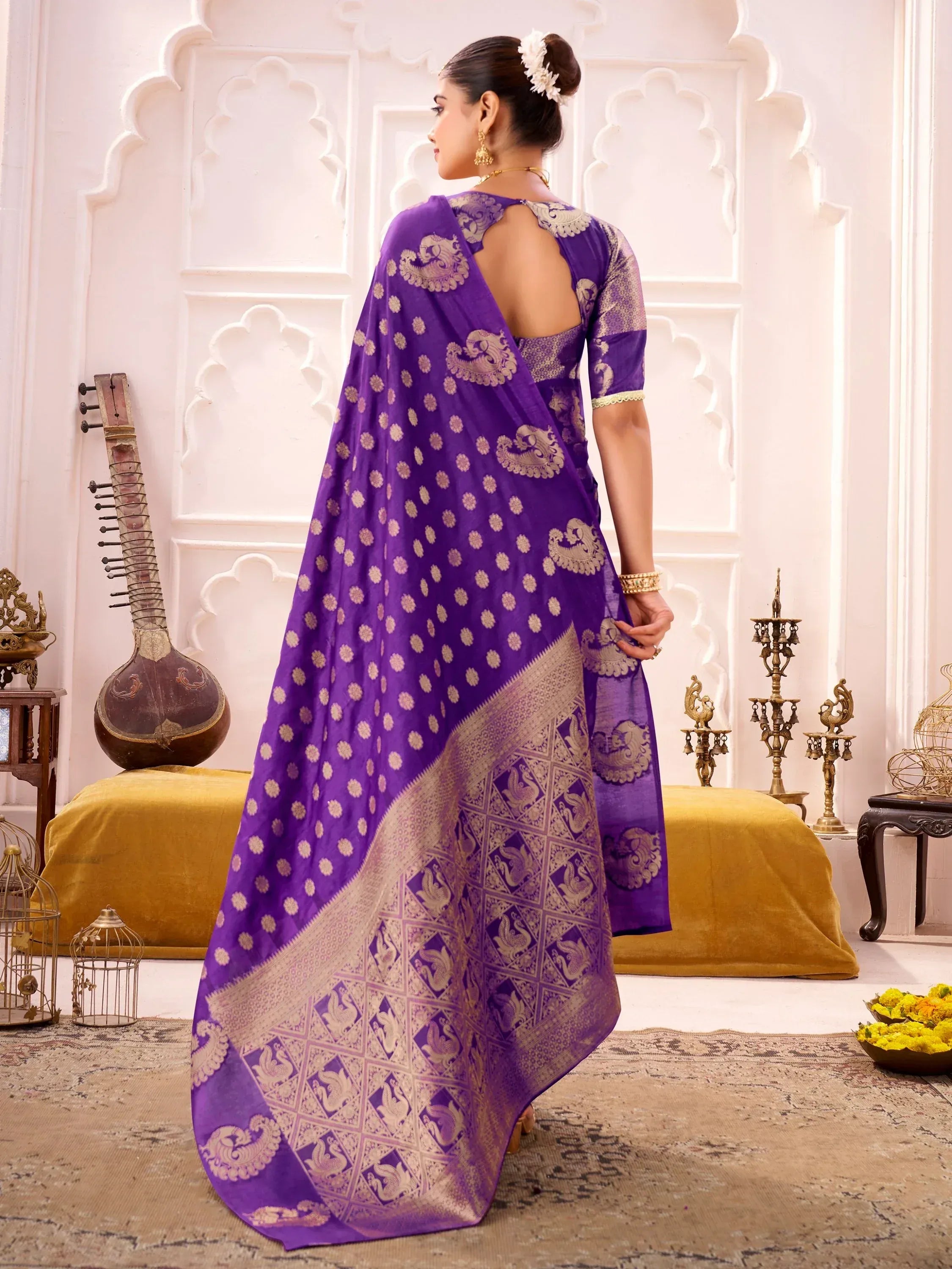 Exclusive Purple Zari Work Silk Traditional Saree With Blouse