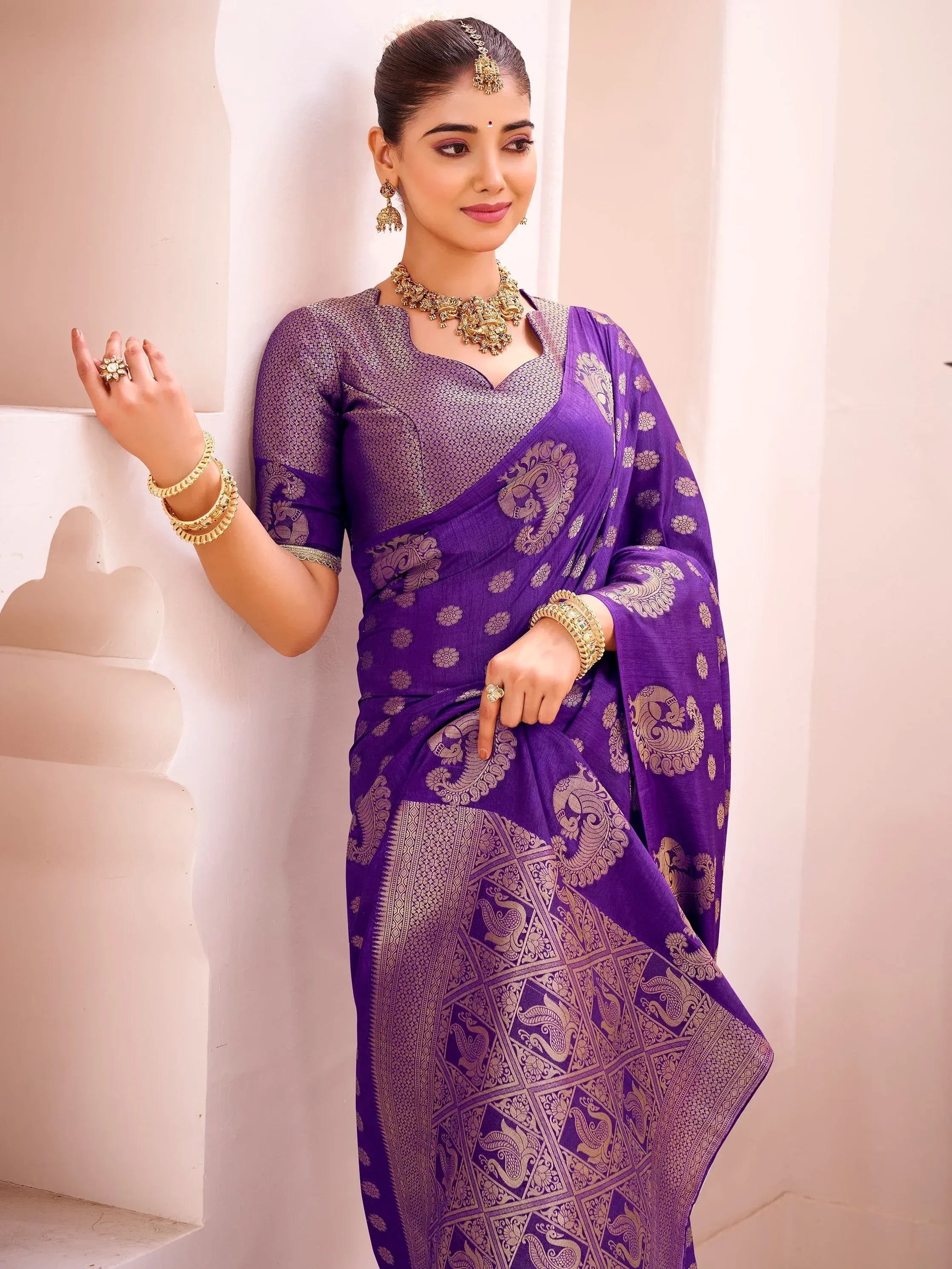 Exclusive Purple Zari Work Silk Traditional Saree With Blouse