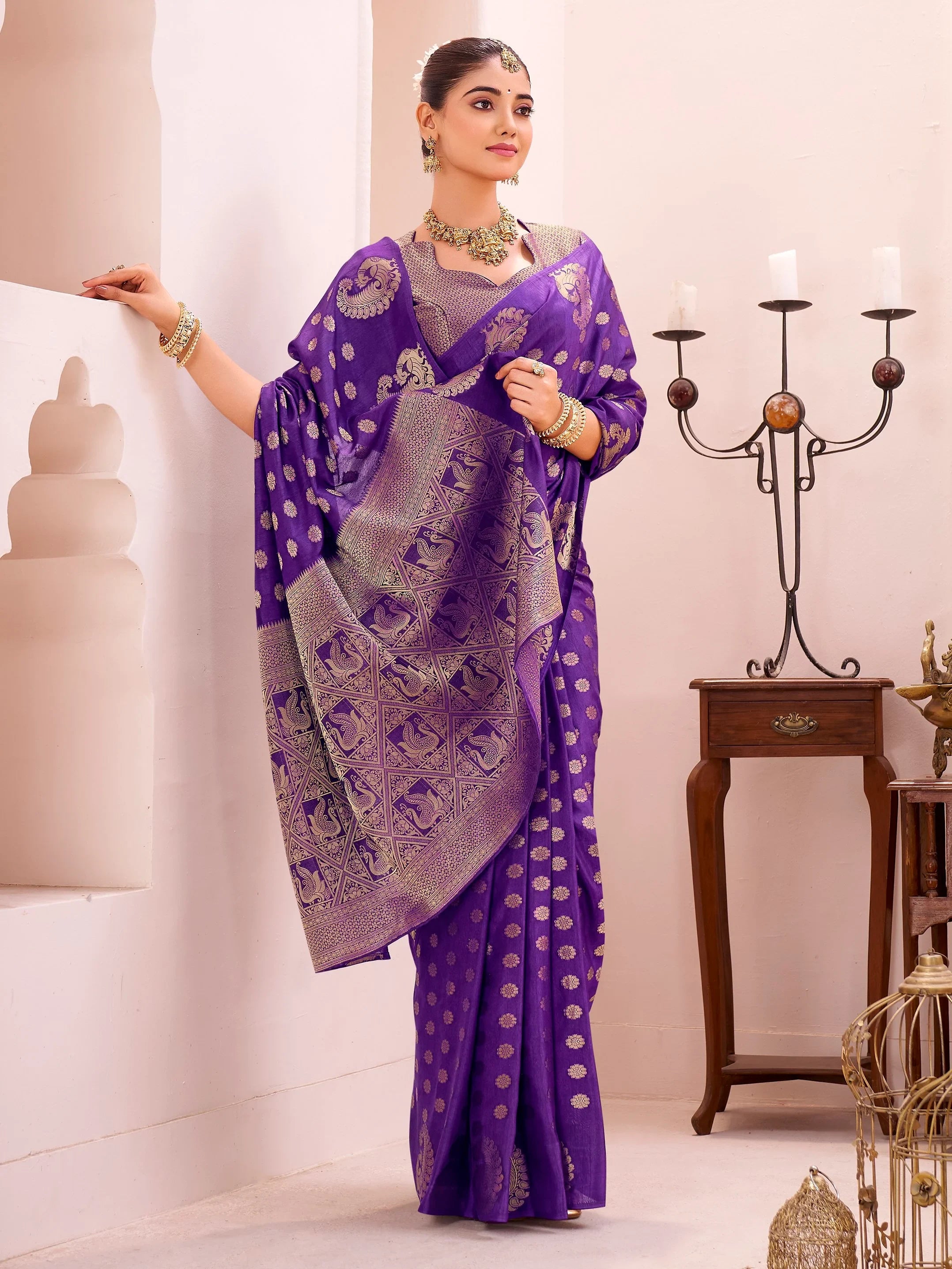 Exclusive Purple Zari Work Silk Traditional Saree With Blouse