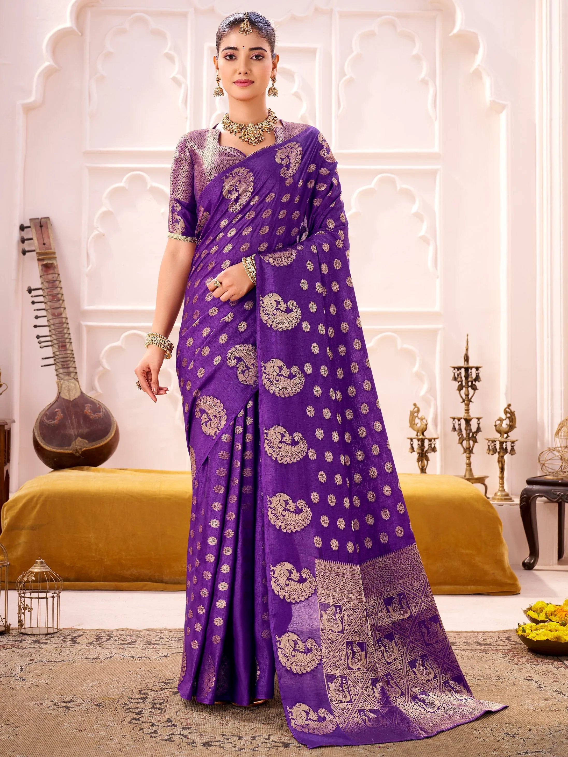 Exclusive Purple Zari Work Silk Traditional Saree With Blouse