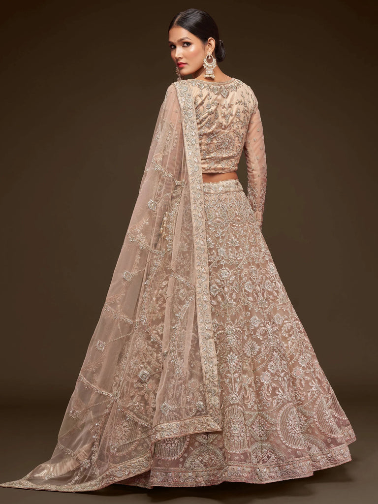 Sparkling Beige Embroidered Net Engagament Wear Plus Size Lehenga Choli