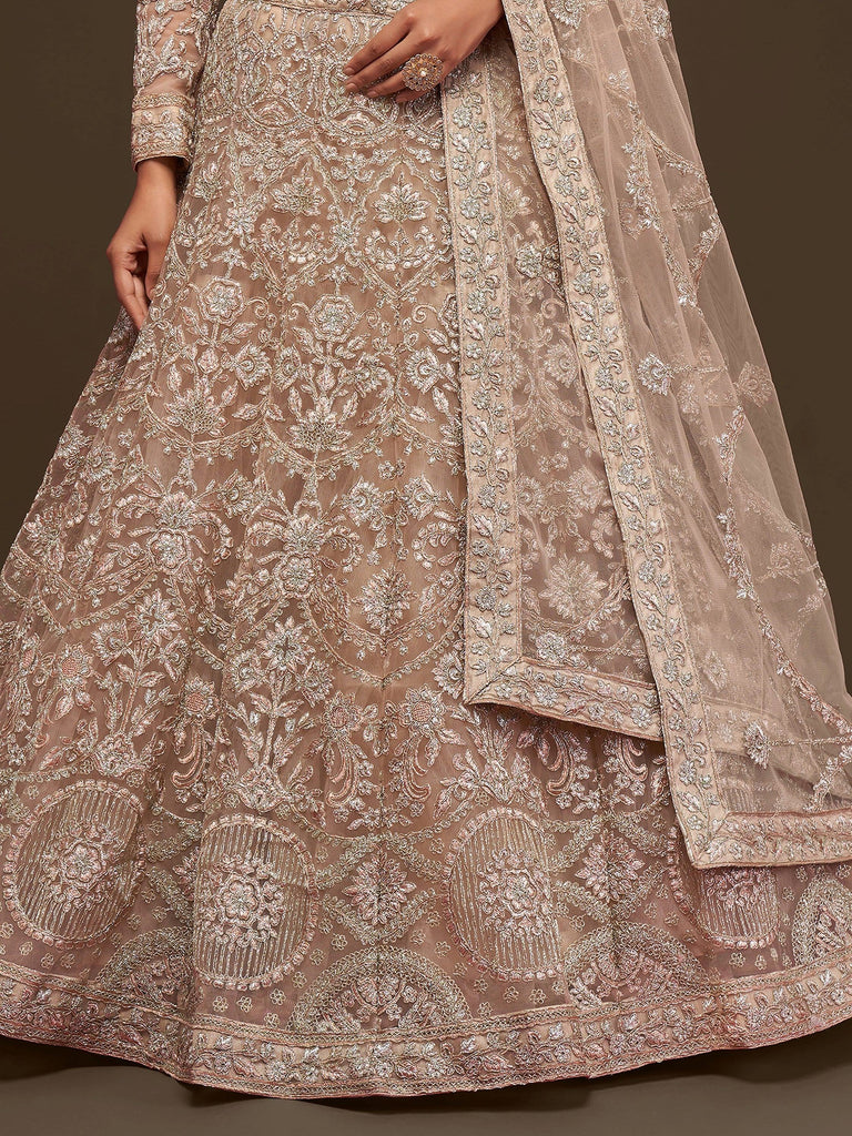 Sparkling Beige Embroidered Net Engagament Wear Plus Size Lehenga Choli