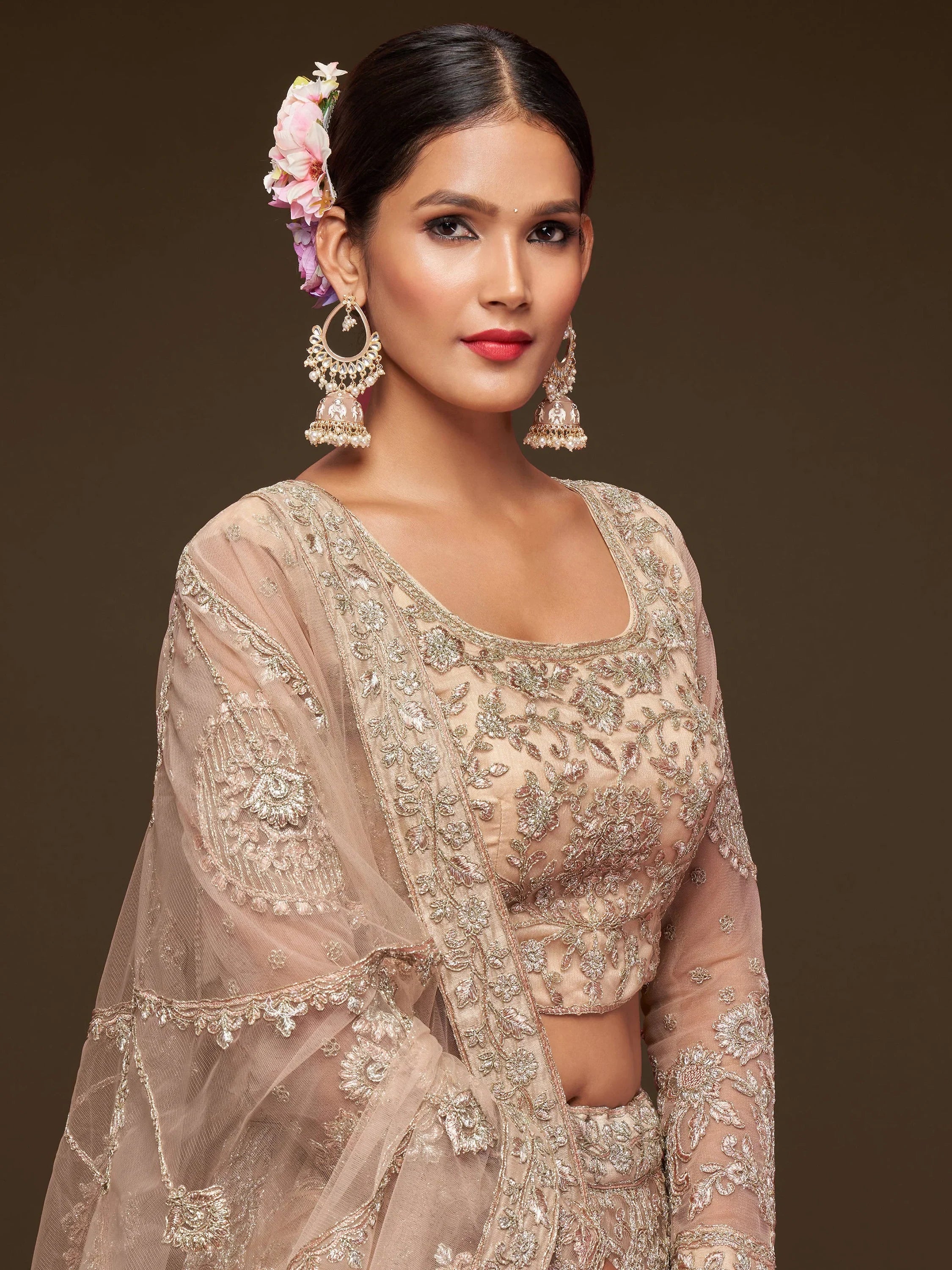 Sparkling Beige Embroidered Net Engagament Wear Plus Size Lehenga Choli