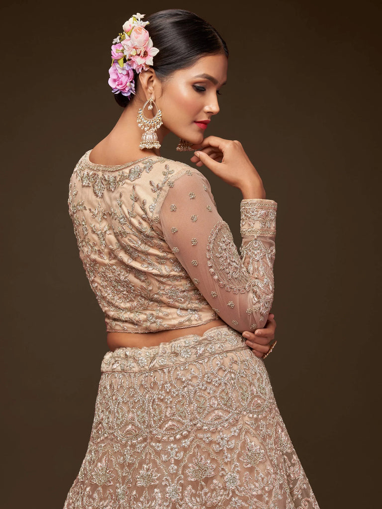 Sparkling Beige Embroidered Net Engagament Wear Plus Size Lehenga Choli