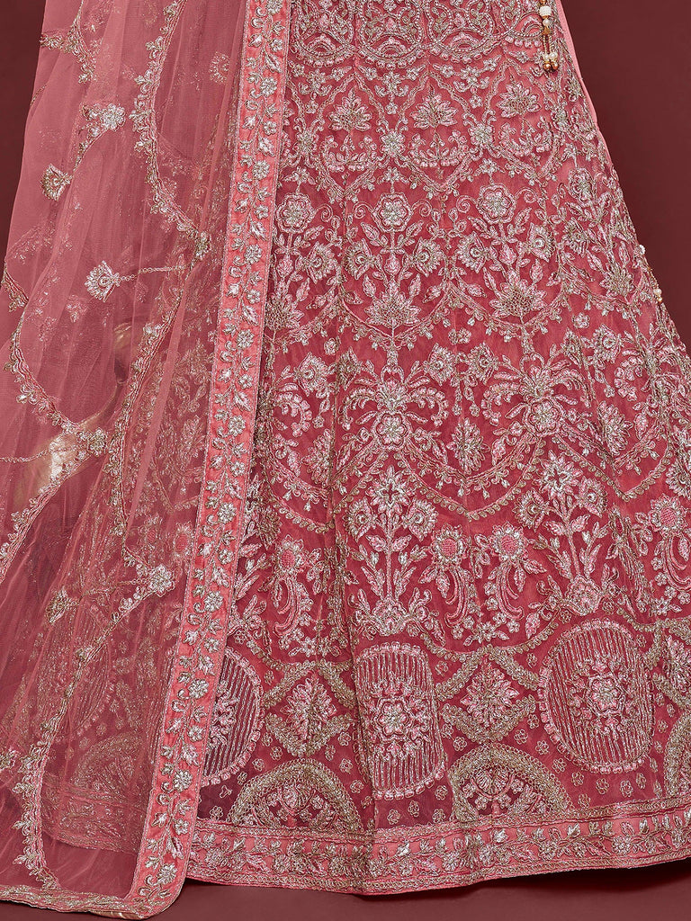 Fantastic Pink Embroidered Net Sangeet Wear Plus Size Lehenga Choli