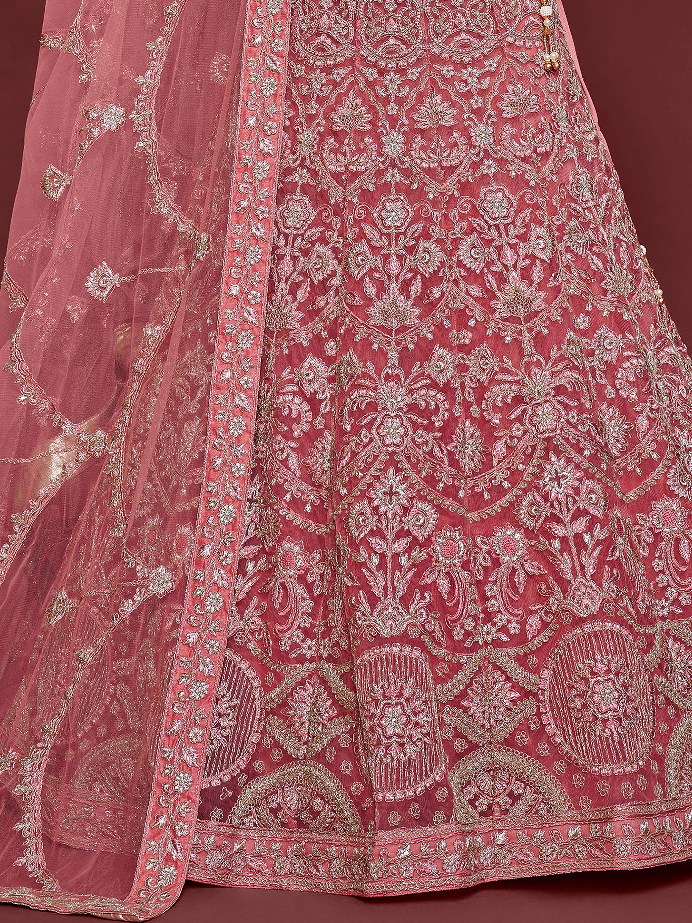 Fantastic Pink Embroidered Net Sangeet Wear Plus Size Lehenga Choli
