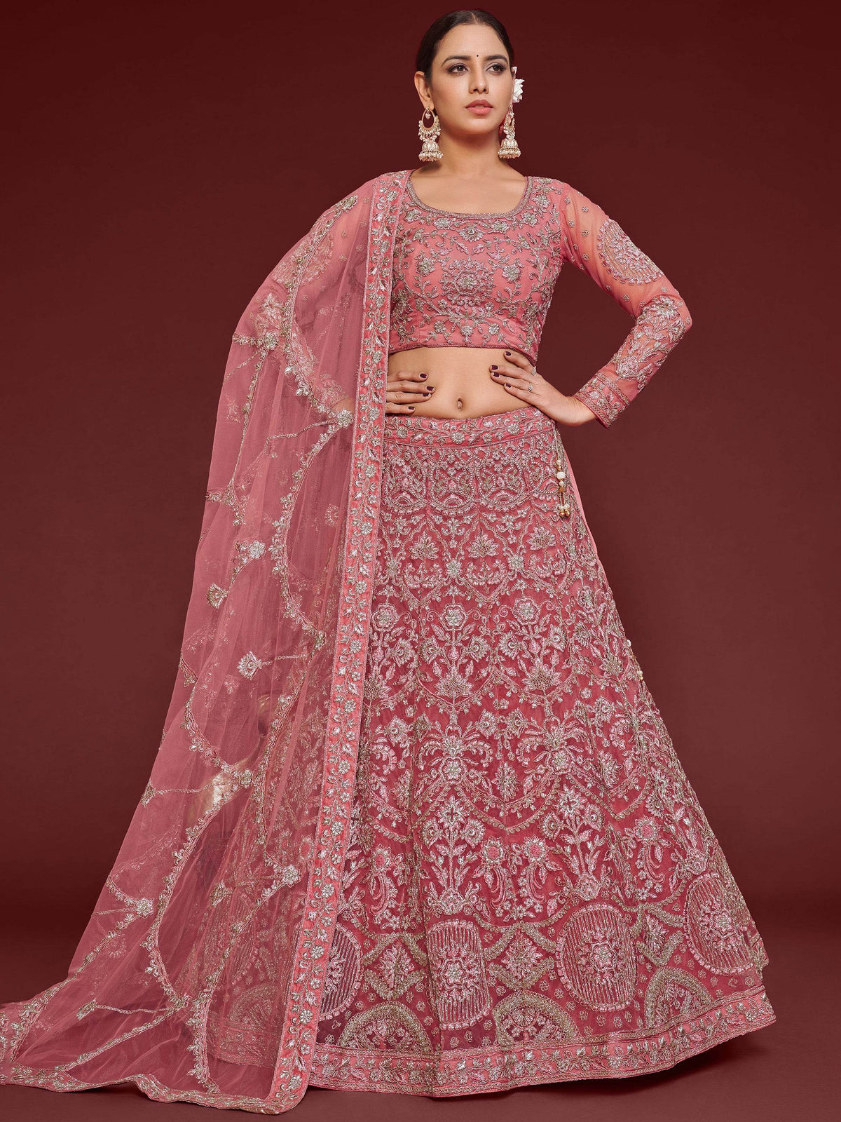 Captivating Pink Embroidered Soft Net Event Wear Lehenga Choli