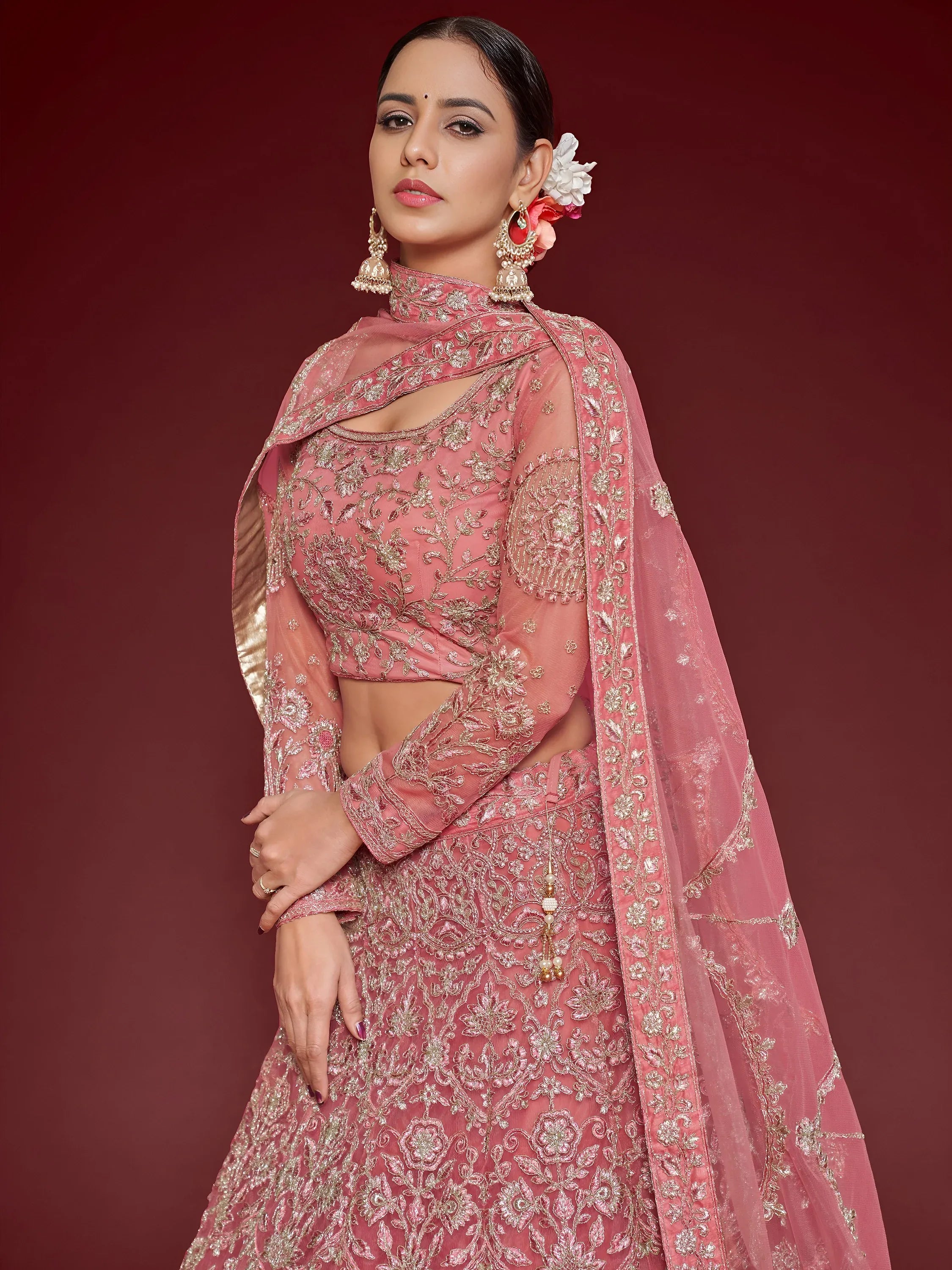 Fantastic Pink Embroidered Net Sangeet Wear Plus Size Lehenga Choli