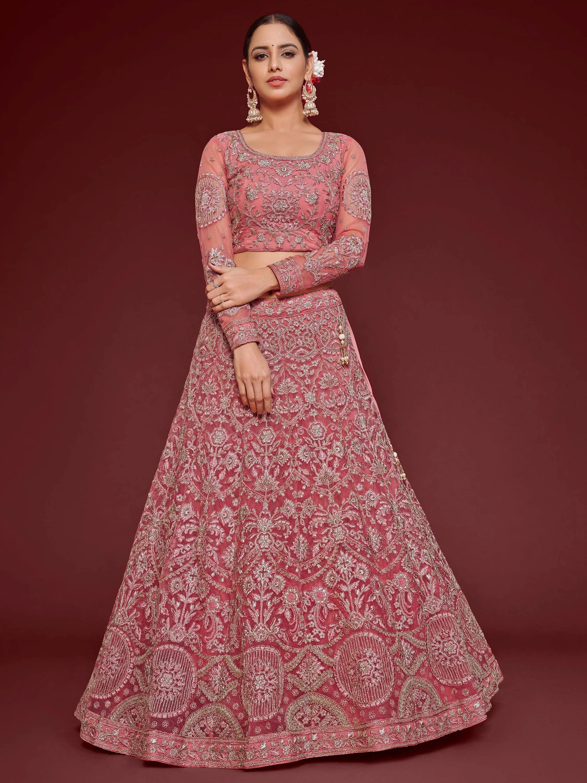 Fantastic Pink Embroidered Net Sangeet Wear Plus Size Lehenga Choli
