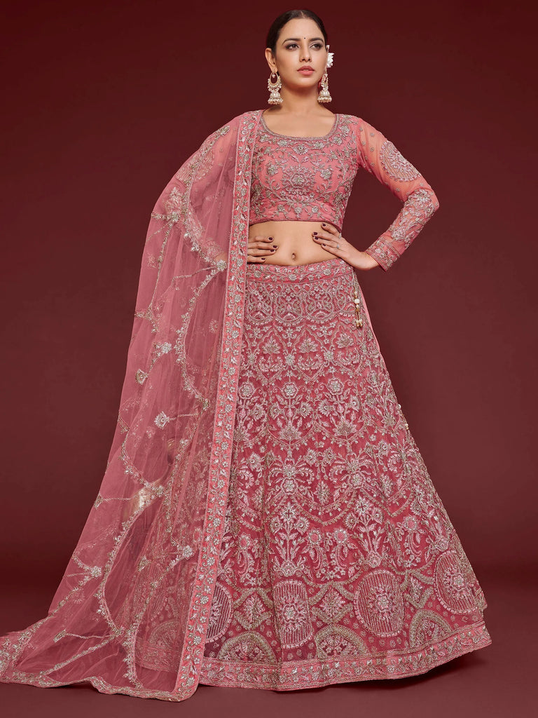 Fantastic Pink Embroidered Net Sangeet Wear Plus Size Lehenga Choli
