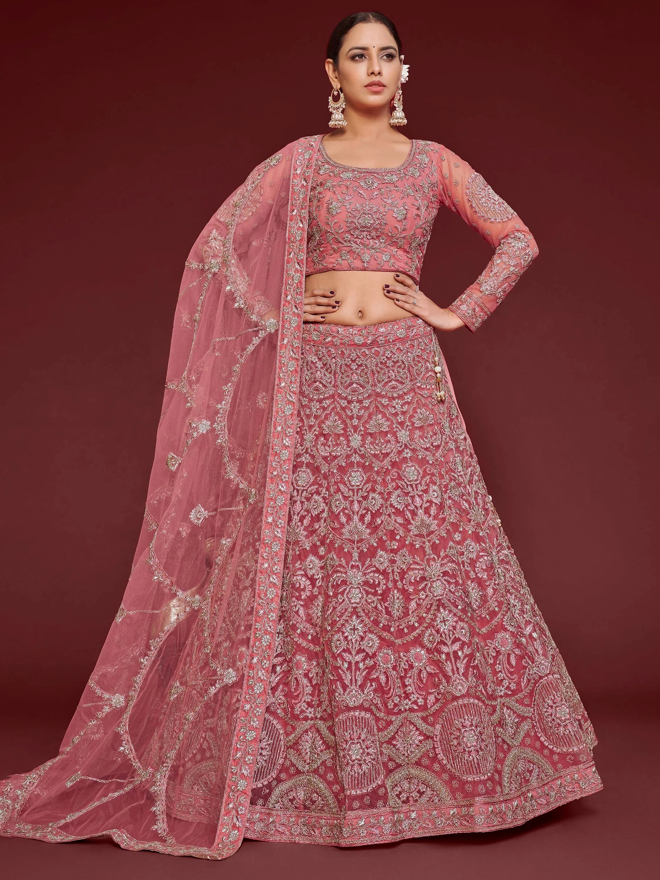 Fantastic Pink Embroidered Net Sangeet Wear Plus Size Lehenga Choli
