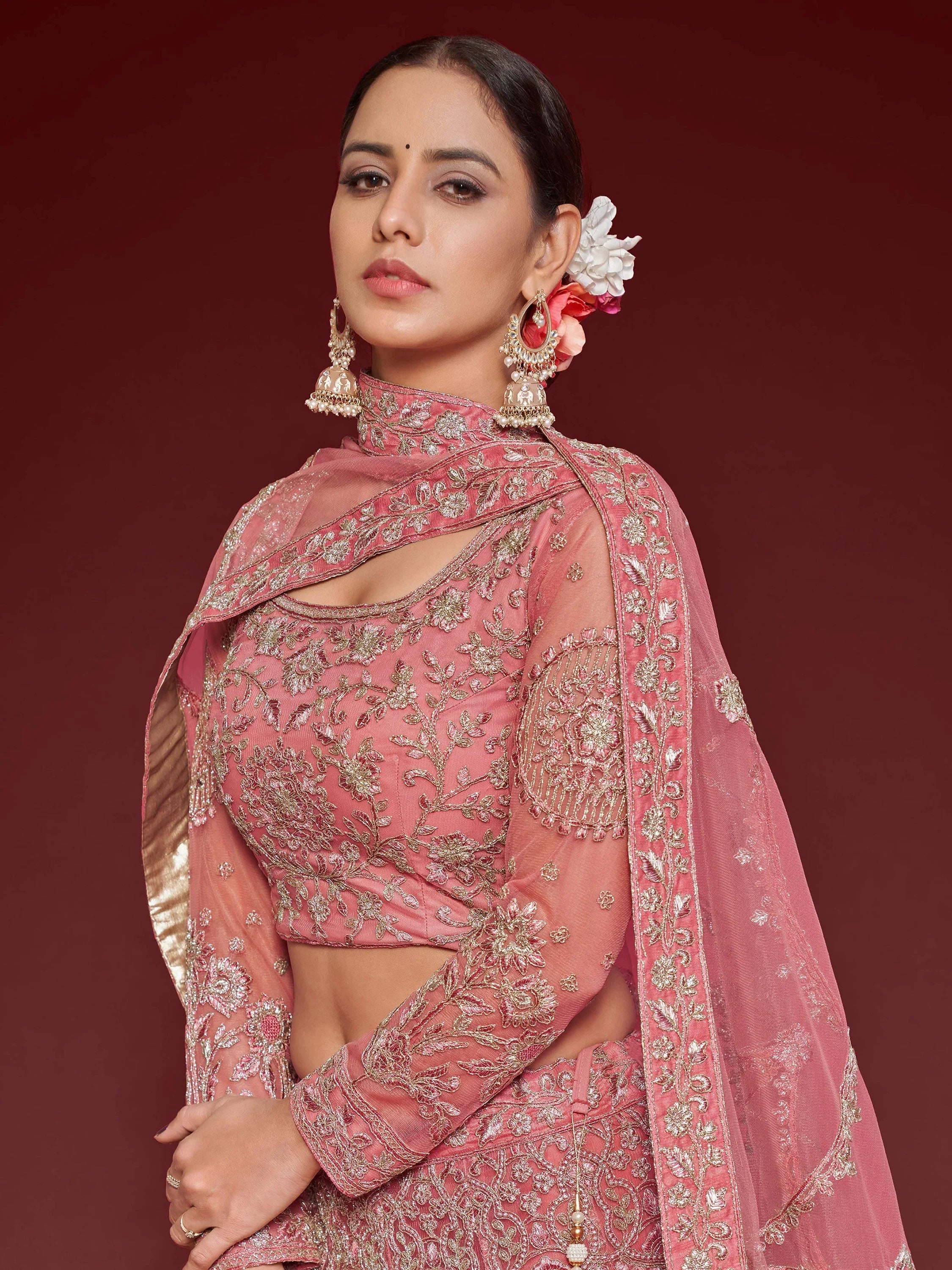 Fantastic Pink Embroidered Net Sangeet Wear Plus Size Lehenga Choli