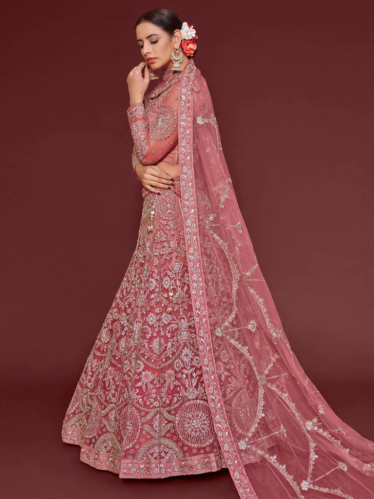 Fantastic Pink Embroidered Net Sangeet Wear Plus Size Lehenga Choli