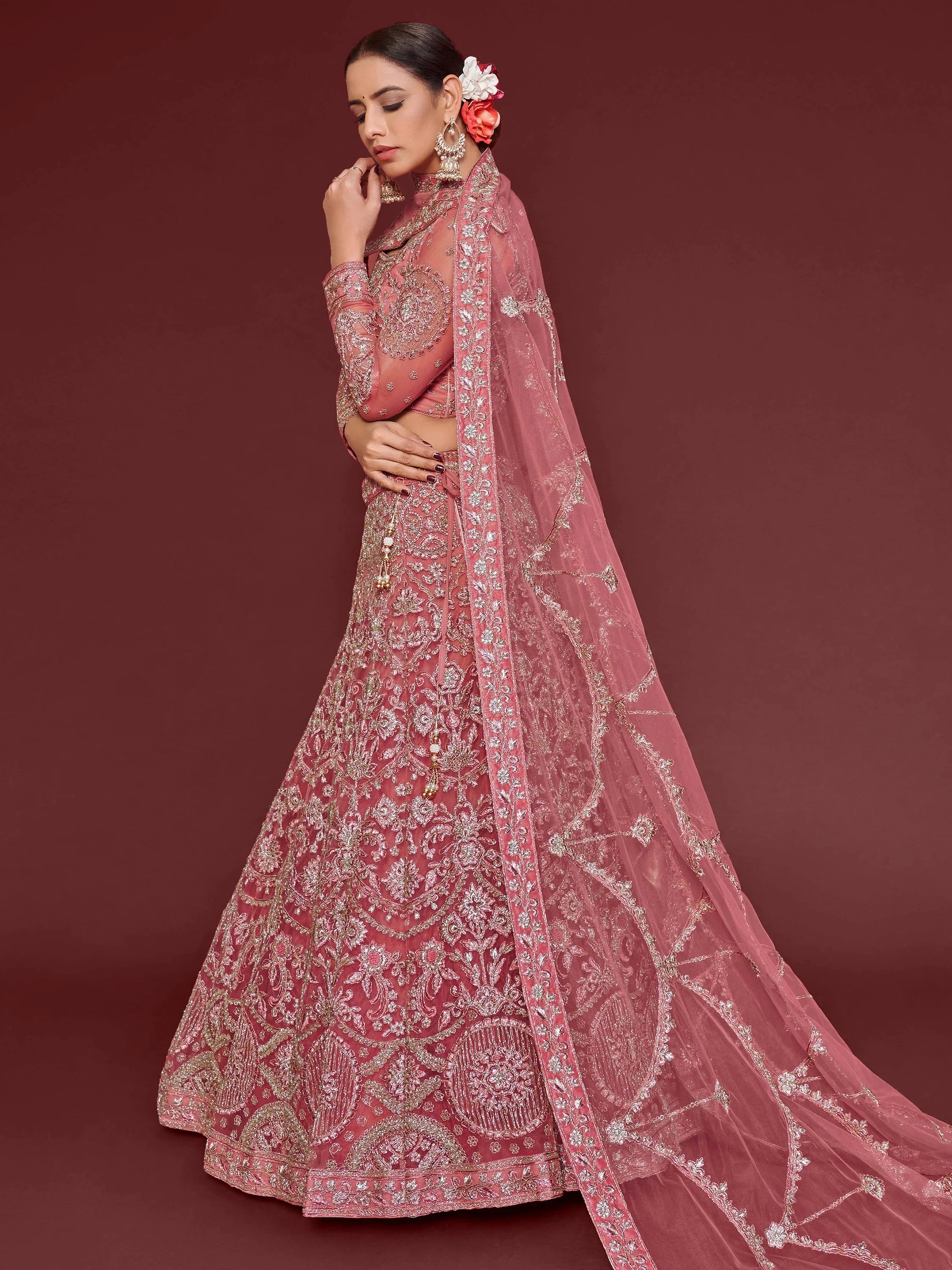 Fantastic Pink Embroidered Net Sangeet Wear Plus Size Lehenga Choli