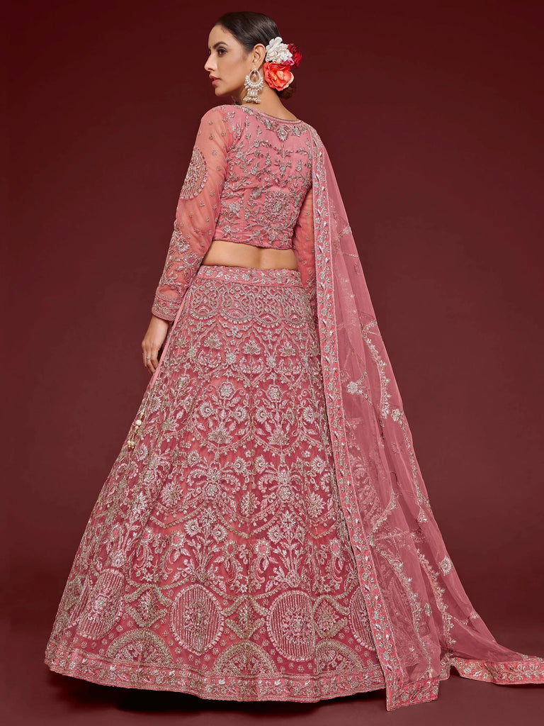 Fantastic Pink Embroidered Net Sangeet Wear Plus Size Lehenga Choli