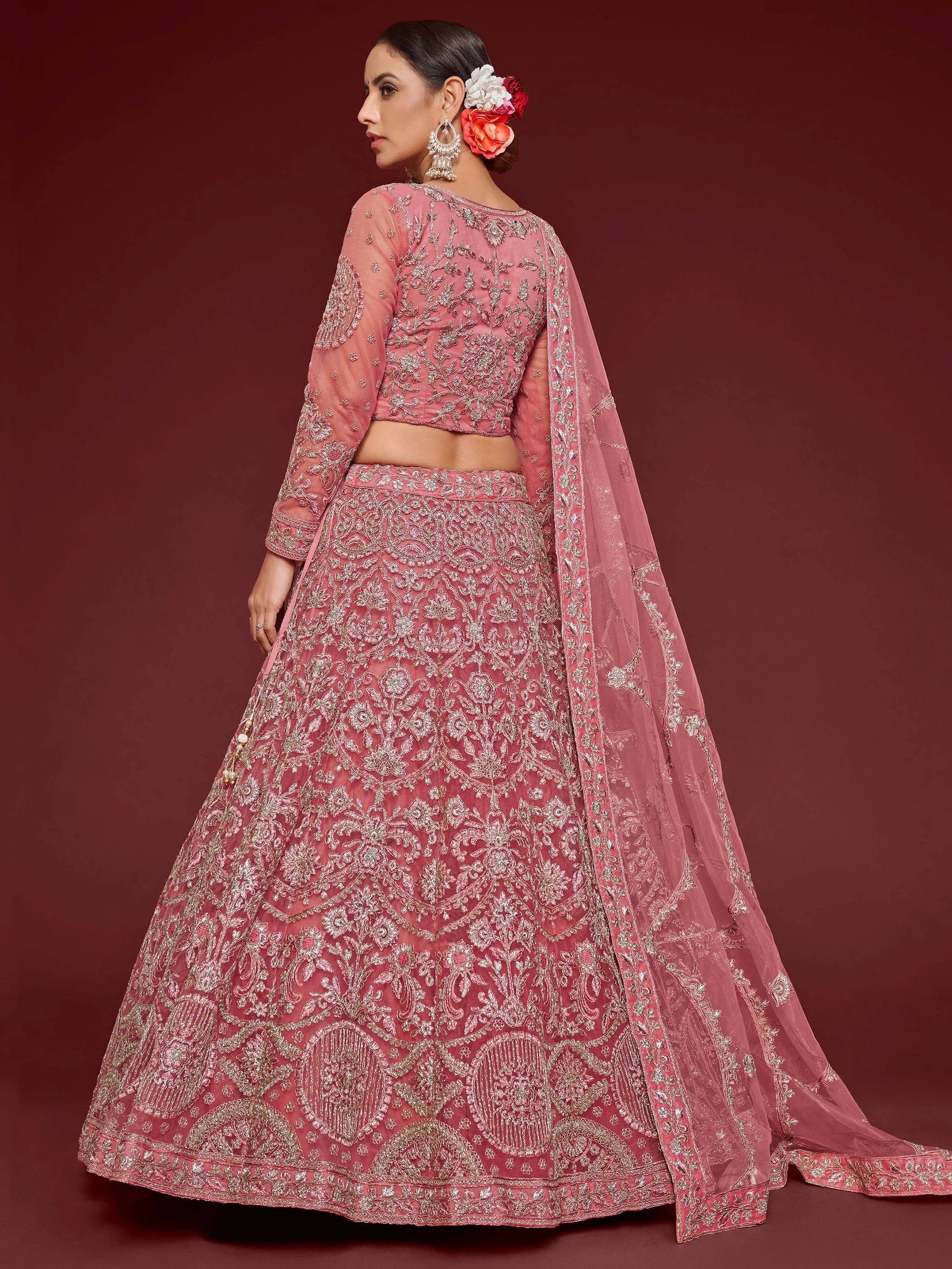 Fantastic Pink Embroidered Net Sangeet Wear Plus Size Lehenga Choli