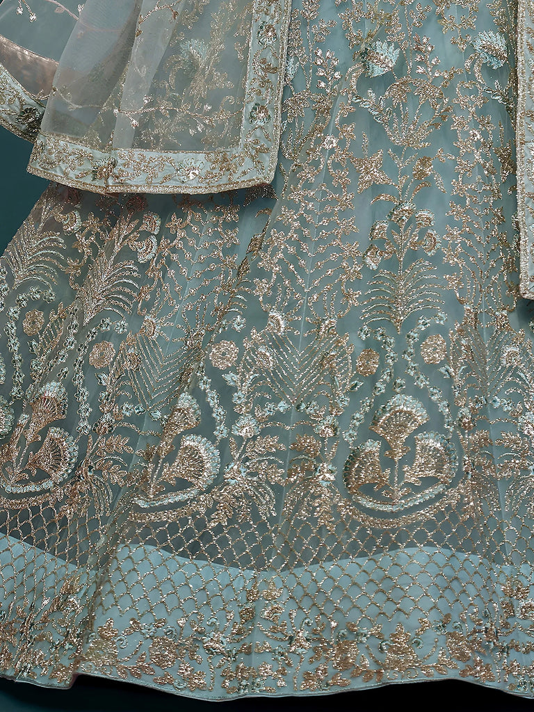 Exquisite Sky-Blue Dori Work Soft Net Ceremony Wear Lehenga Choli