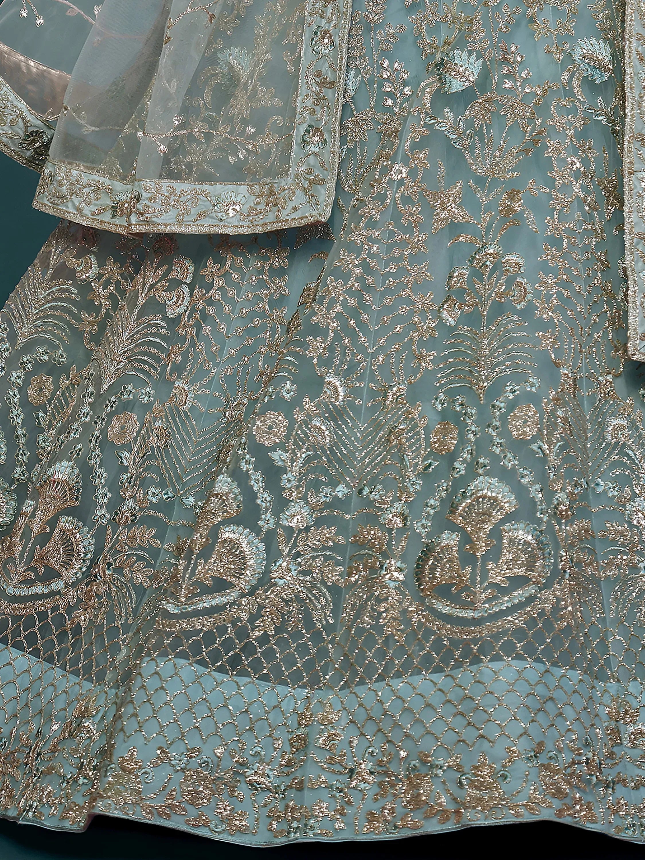 Exquisite Sky-Blue Dori Work Soft Net Ceremony Wear Lehenga Choli