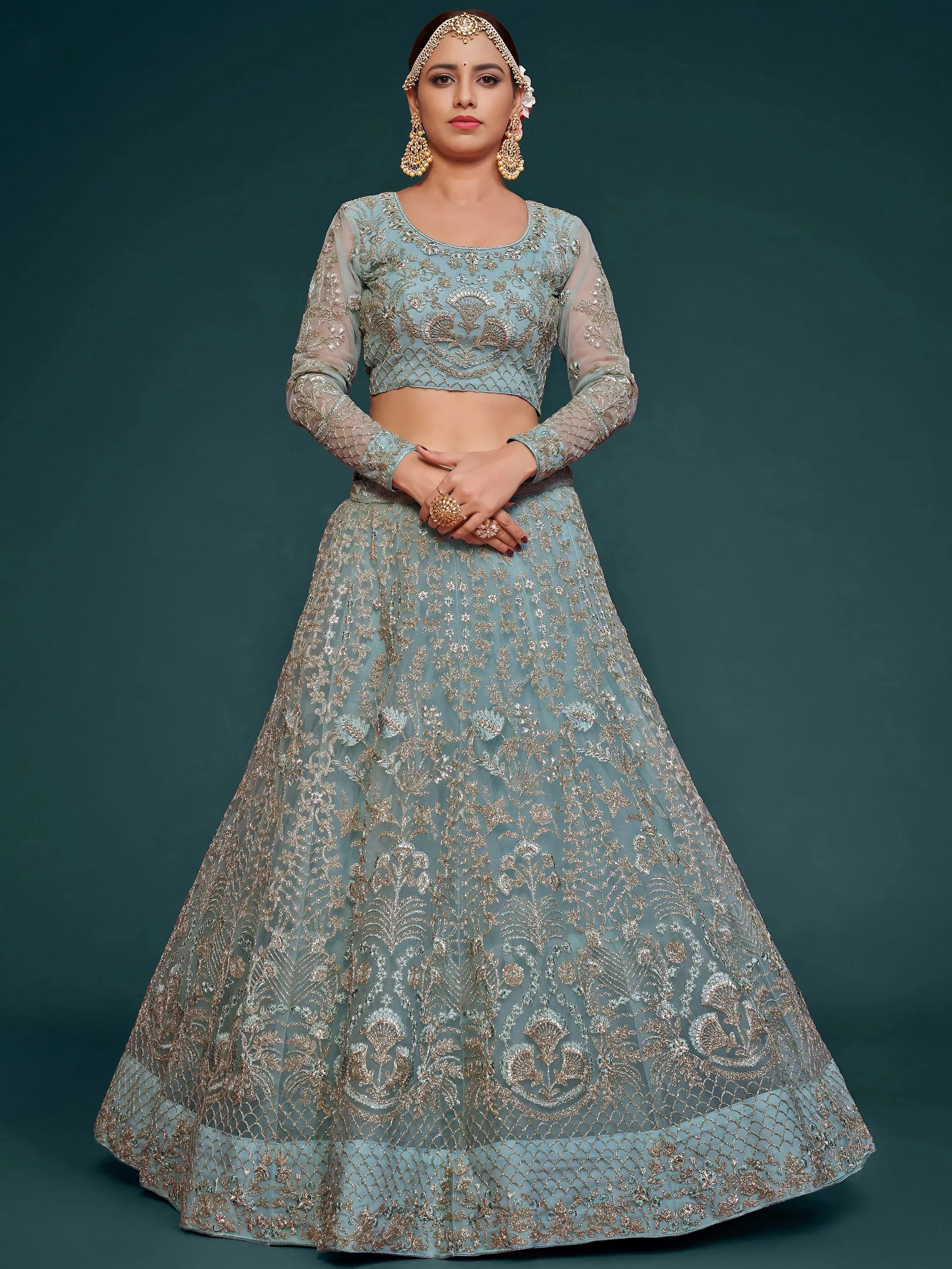 Fabulous Sky Blue Embroidered Net Wedding Wear Plus Size Lehenga Choli